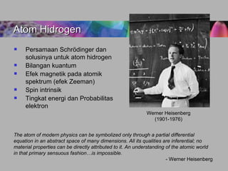 [object Object],[object Object],[object Object],[object Object],[object Object],Atom Hidrogen The atom of modern physics can be symbolized only through a partial differential equation in an abstract space of many dimensions. All its qualities are inferential; no material properties can be directly attributed to it. An understanding of the atomic world in that primary sensuous fashion…is impossible. - Werner Heisenberg Werner Heisenberg (1901-1976) 