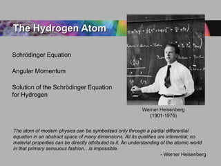 The Hydrogen Atom

Schrödinger Equation

Angular Momentum

Solution of the Schrödinger Equation
for Hydrogen

                                                            Werner Heisenberg
                                                              (1901-1976)


The atom of modern physics can be symbolized only through a partial differential
equation in an abstract space of many dimensions. All its qualities are inferential; no
material properties can be directly attributed to it. An understanding of the atomic world
in that primary sensuous fashion…is impossible.
                                                                       - Werner Heisenberg
 
