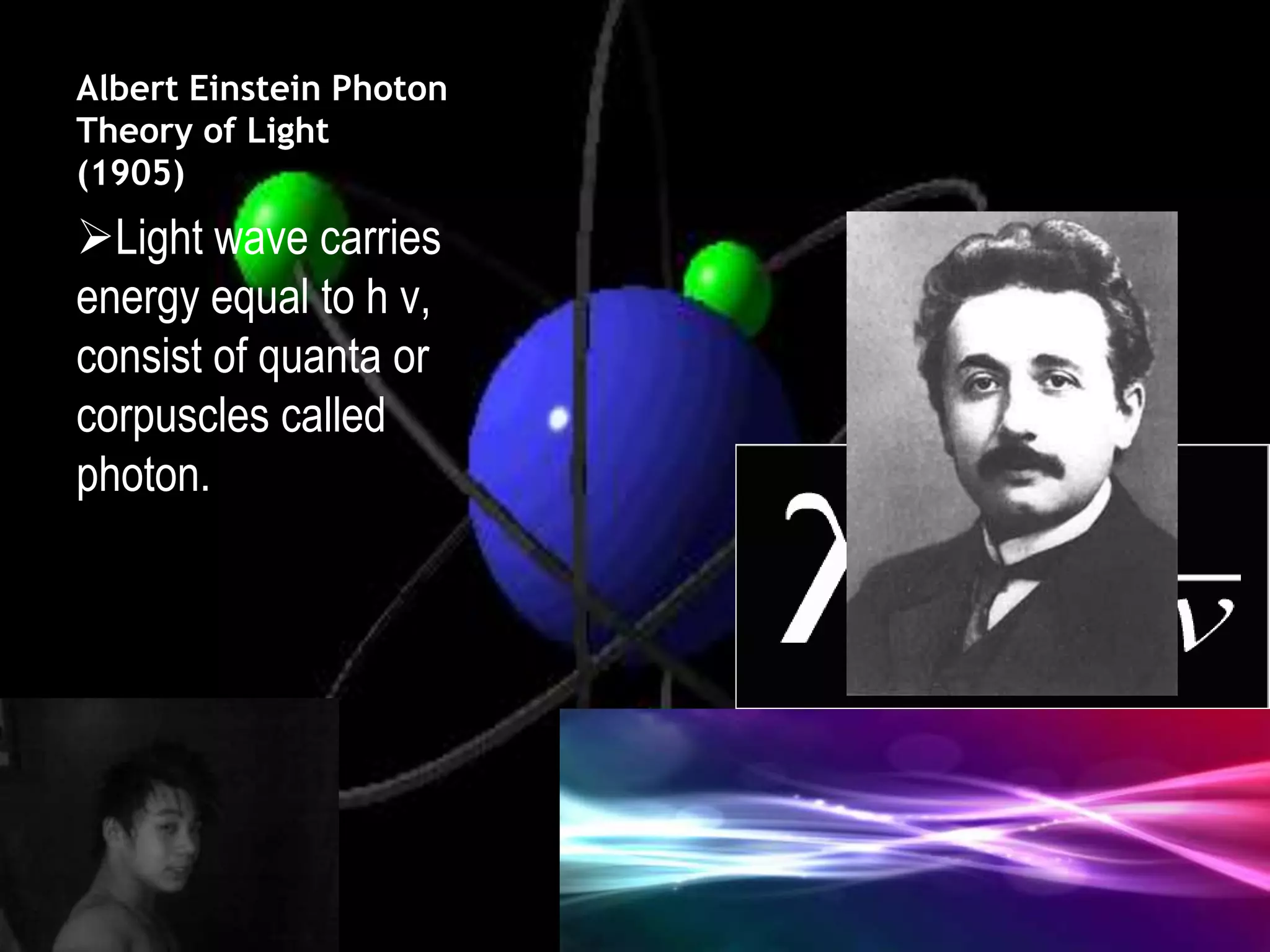 Albert Einstein Photon
Theory of Light
(1905)
Light wave carries
energy equal to h v,
consist of quanta or
corpuscles called
photon.
 