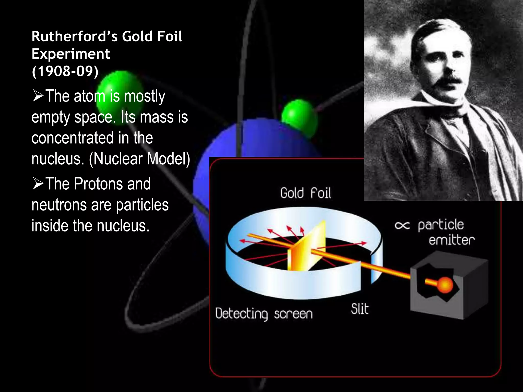 Rutherford’s Gold Foil
Experiment
(1908-09)
The atom is mostly
empty space. Its mass is
concentrated in the
nucleus. (Nuclear Model)
The Protons and
neutrons are particles
inside the nucleus.
 