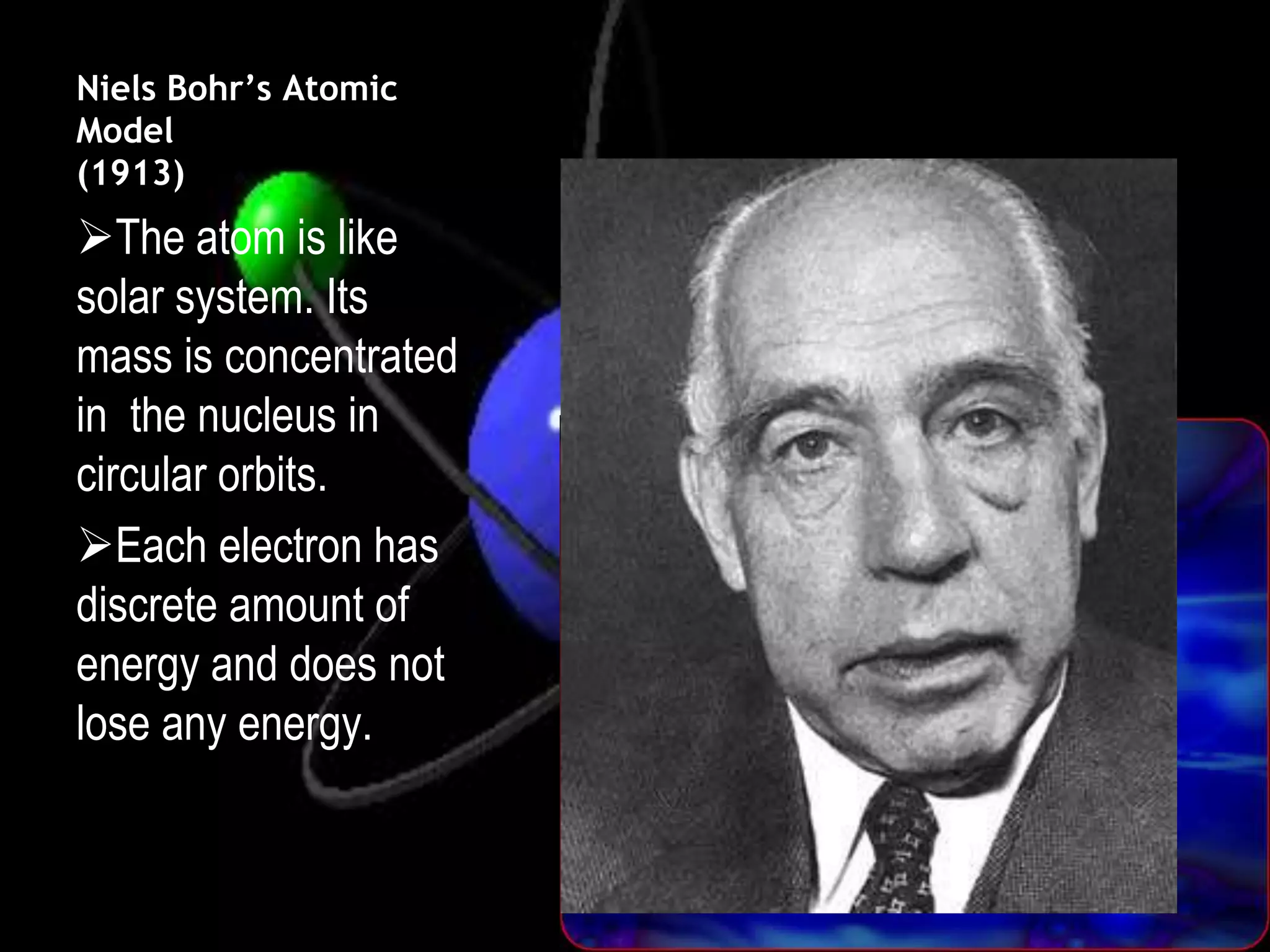 Niels Bohr’s Atomic
Model
(1913)
The atom is like
solar system. Its
mass is concentrated
in the nucleus in
circular orbits.
Each electron has
discrete amount of
energy and does not
lose any energy.
 