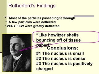 Rutherford’s Findings
#1 The nucleus is small
#2 The nucleus is dense
#3 The nucleus is positively
charged
* Most of the particles passed right through
* A few particles were deflected
* VERY FEW were greatly deflected
“Like howitzer shells
bouncing off of tissue
paper!”
Conclusions:
 
