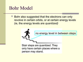 Bohr Model
 Bohr also suggested that the electrons can only
revolve in certain orbits, or at certain energy levels
(ie, the energy levels are quantized)
no energy level in between steps
 