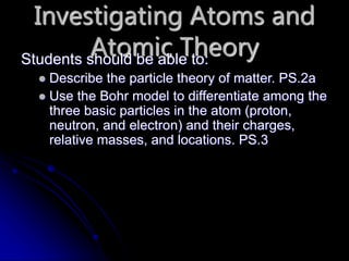 Investigating Atoms and
Atomic Theory
Students should be able to:
 Describe the particle theory of matter. PS.2a
 Use the Bohr model to differentiate among the
three basic particles in the atom (proton,
neutron, and electron) and their charges,
relative masses, and locations. PS.3
 