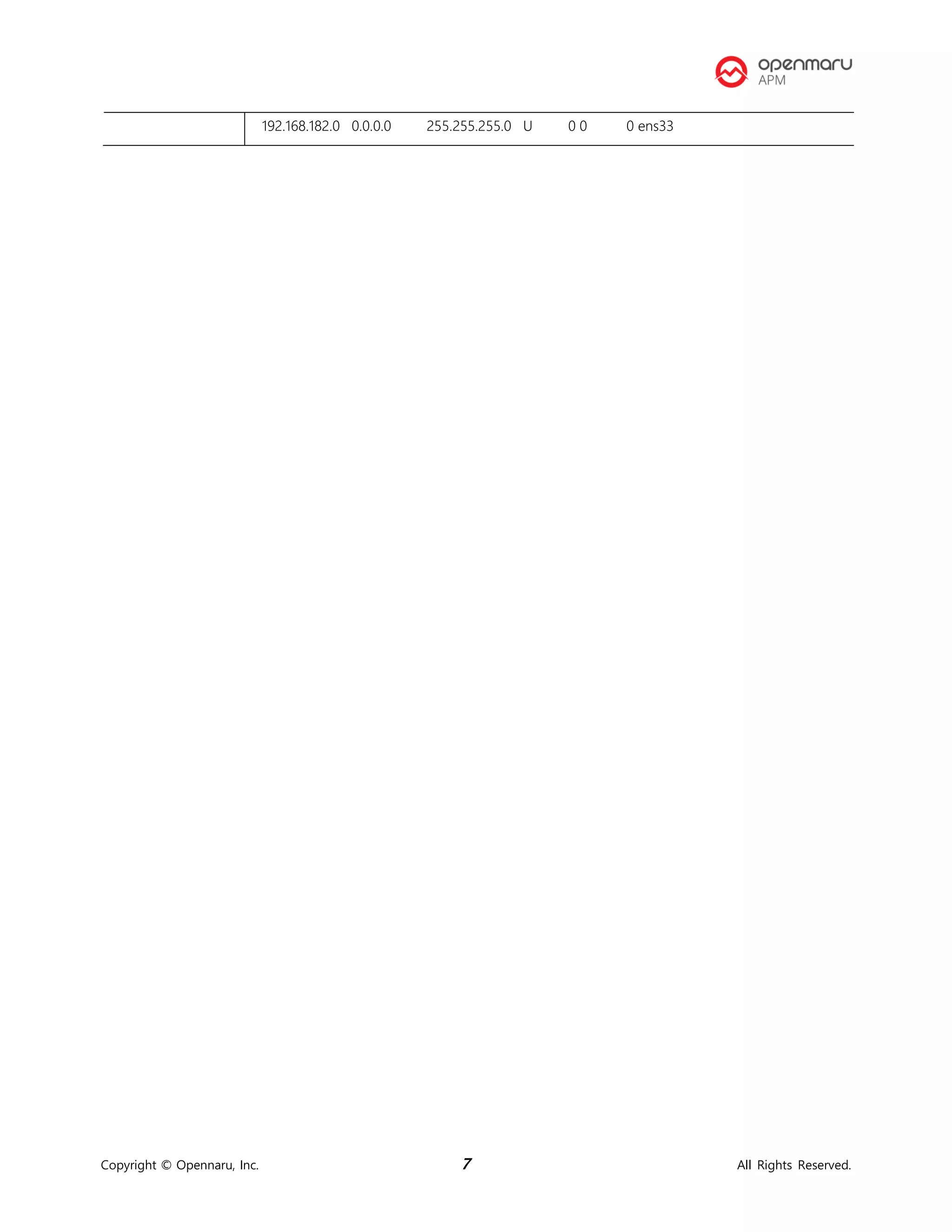 Copyright © Opennaru, Inc. 7 All Rights Reserved.
192.168.182.0 0.0.0.0 255.255.255.0 U 0 0 0 ens33
 