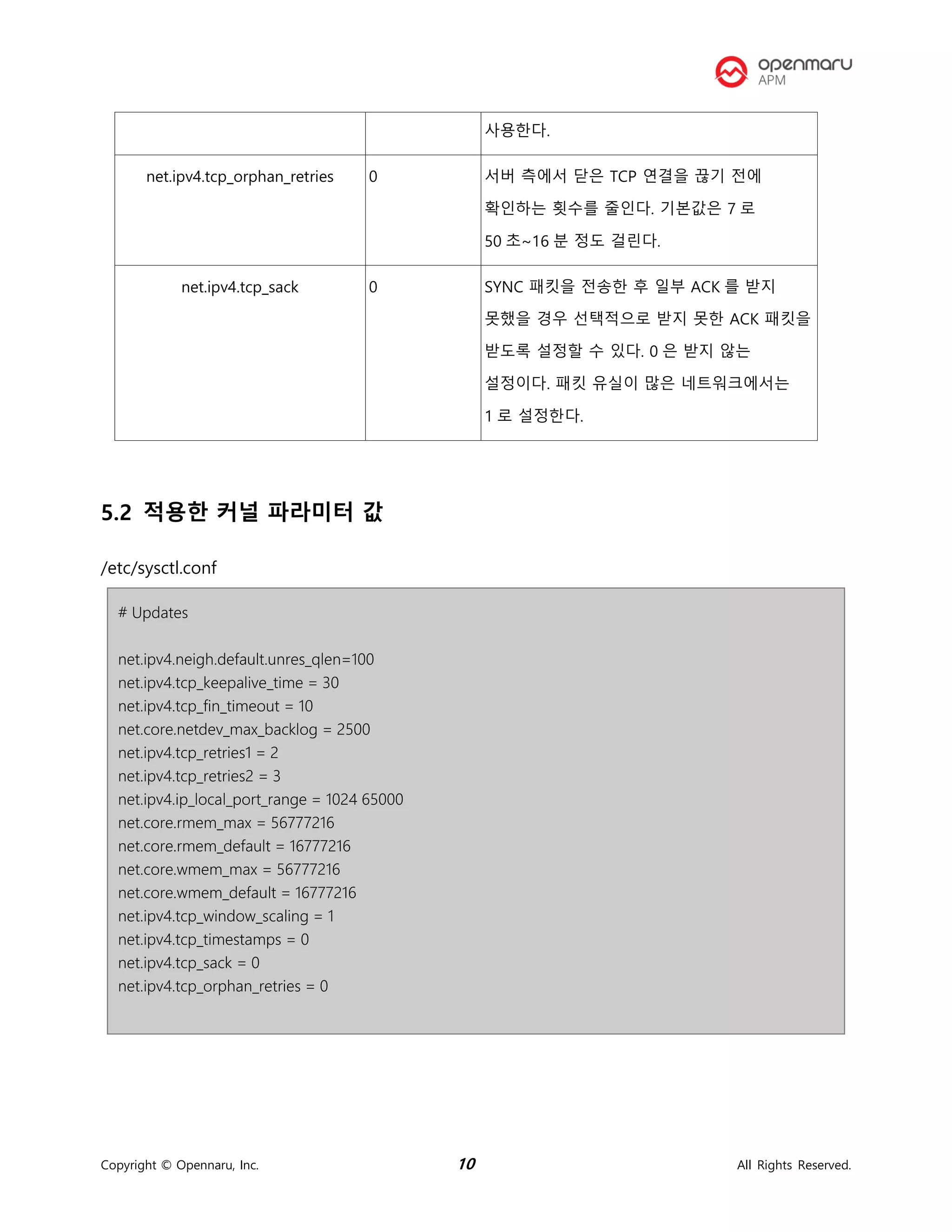 Copyright © Opennaru, Inc. 10 All Rights Reserved.
사용한다.
net.ipv4.tcp_orphan_retries 0 서버 측에서 닫은 TCP 연결을 끊기 전에
확인하는 횟수를 줄인다. 기본값은 7 로
50 초~16 분 정도 걸린다.
net.ipv4.tcp_sack 0 SYNC 패킷을 전송한 후 일부 ACK 를 받지
못했을 경우 선택적으로 받지 못한 ACK 패킷을
받도록 설정할 수 있다. 0 은 받지 않는
설정이다. 패킷 유실이 많은 네트워크에서는
1 로 설정한다.
5.2 적용한 커널 파라미터 값
/etc/sysctl.conf
# Updates
net.ipv4.neigh.default.unres_qlen=100
net.ipv4.tcp_keepalive_time = 30
net.ipv4.tcp_fin_timeout = 10
net.core.netdev_max_backlog = 2500
net.ipv4.tcp_retries1 = 2
net.ipv4.tcp_retries2 = 3
net.ipv4.ip_local_port_range = 1024 65000
net.core.rmem_max = 56777216
net.core.rmem_default = 16777216
net.core.wmem_max = 56777216
net.core.wmem_default = 16777216
net.ipv4.tcp_window_scaling = 1
net.ipv4.tcp_timestamps = 0
net.ipv4.tcp_sack = 0
net.ipv4.tcp_orphan_retries = 0
 