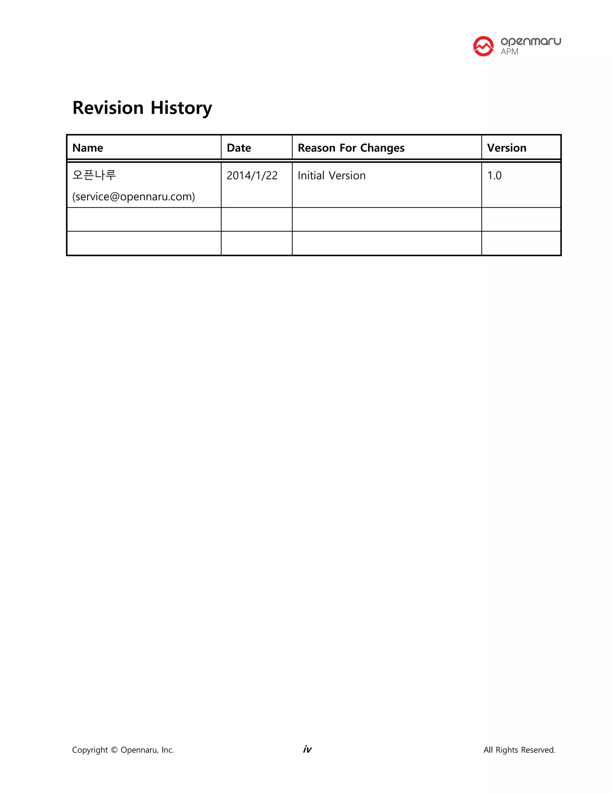 Copyright © Opennaru, Inc. iv All Rights Reserved.
Revision History
Name Date Reason For Changes Version
오픈나루
(service@opennaru.com)
2014/1/22 Initial Version 1.0
 