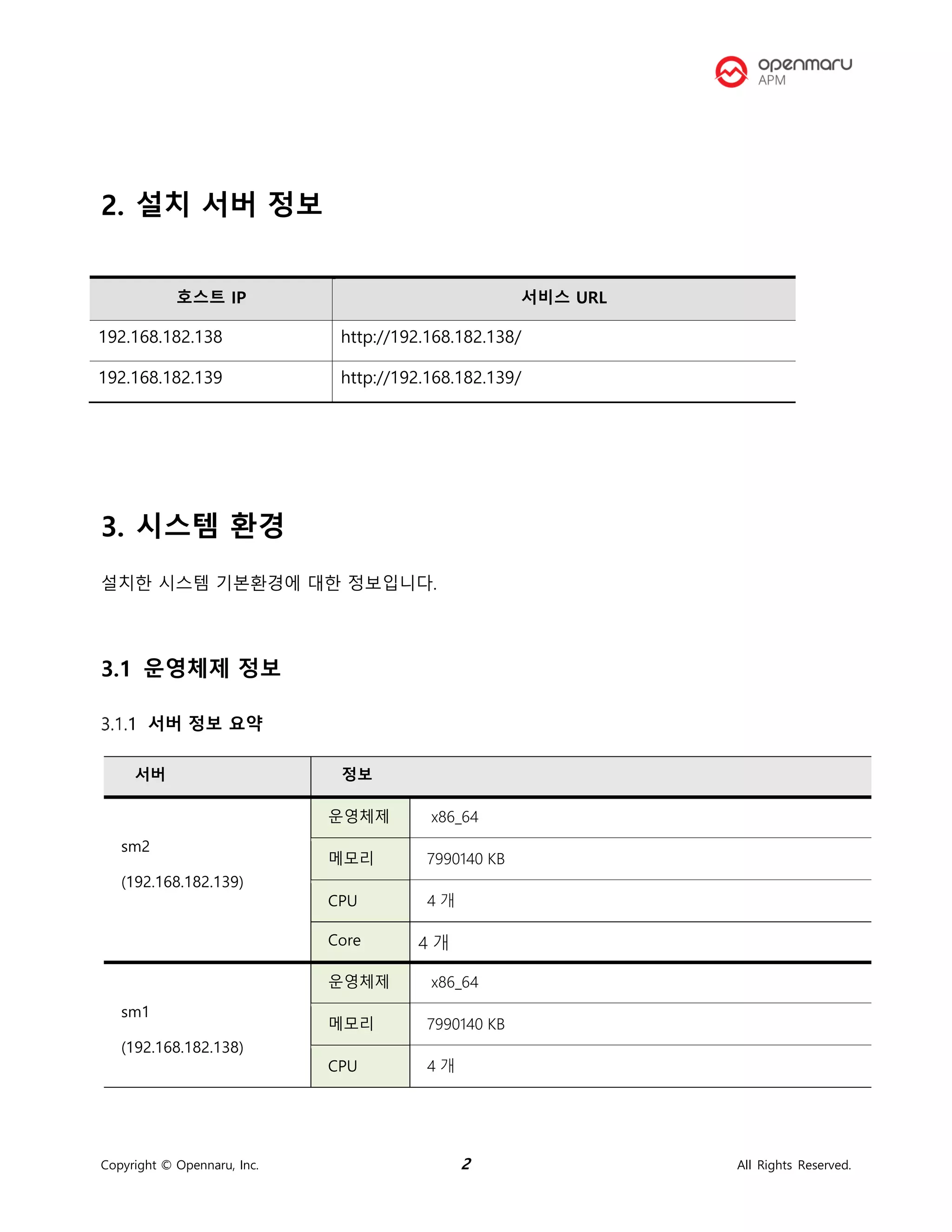 Copyright © Opennaru, Inc. 2 All Rights Reserved.
2. 설치 서버 정보
호스트 IP 서비스 URL
192.168.182.138 http://192.168.182.138/
192.168.182.139 http://192.168.182.139/
3. 시스템 환경
설치한 시스템 기본환경에 대한 정보입니다.
3.1 운영체제 정보
서버 정보 요약
서버 정보
sm2
(192.168.182.139)
운영체제 x86_64
메모리 7990140 KB
CPU 4 개
Core 4 개
sm1
(192.168.182.138)
운영체제 x86_64
메모리 7990140 KB
CPU 4 개
 