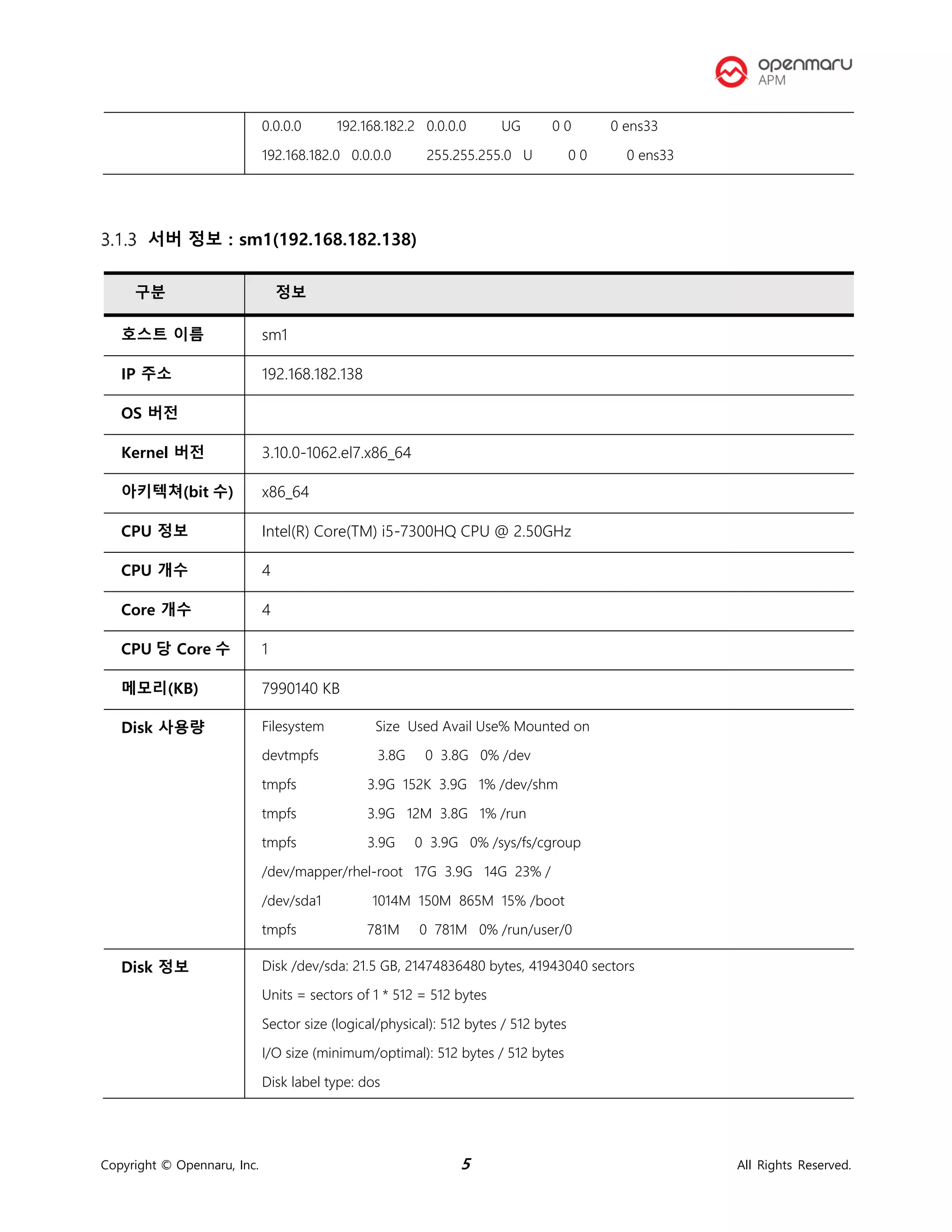 Copyright © Opennaru, Inc. 5 All Rights Reserved.
서버 정보 : sm1(192.168.182.138)
0.0.0.0 192.168.182.2 0.0.0.0 UG 0 0 0 ens33
192.168.182.0 0.0.0.0 255.255.255.0 U 0 0 0 ens33
구분 정보
호스트 이름 sm1
IP 주소 192.168.182.138
OS 버전
Kernel 버전 3.10.0-1062.el7.x86_64
아키텍쳐(bit 수) x86_64
CPU 정보 Intel(R) Core(TM) i5-7300HQ CPU @ 2.50GHz
CPU 개수 4
Core 개수 4
CPU 당 Core 수 1
메모리(KB) 7990140 KB
Disk 사용량 Filesystem Size Used Avail Use% Mounted on
devtmpfs 3.8G 0 3.8G 0% /dev
tmpfs 3.9G 152K 3.9G 1% /dev/shm
tmpfs 3.9G 12M 3.8G 1% /run
tmpfs 3.9G 0 3.9G 0% /sys/fs/cgroup
/dev/mapper/rhel-root 17G 3.9G 14G 23% /
/dev/sda1 1014M 150M 865M 15% /boot
tmpfs 781M 0 781M 0% /run/user/0
Disk 정보 Disk /dev/sda: 21.5 GB, 21474836480 bytes, 41943040 sectors
Units = sectors of 1 * 512 = 512 bytes
Sector size (logical/physical): 512 bytes / 512 bytes
I/O size (minimum/optimal): 512 bytes / 512 bytes
Disk label type: dos
 
