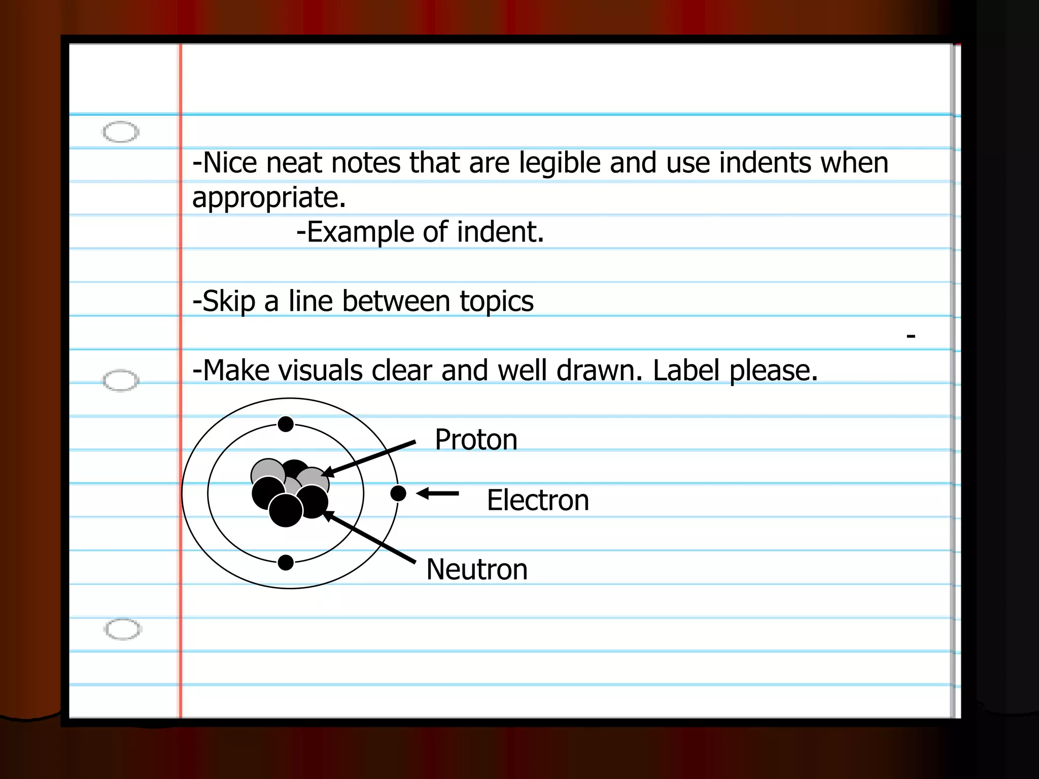 -Nice neat notes that are legible and use indents when
appropriate.
-Example of indent.
-Skip a line between topics
-
-Make visuals clear and well drawn. Label please.
Neutron
Proton
Electron
 