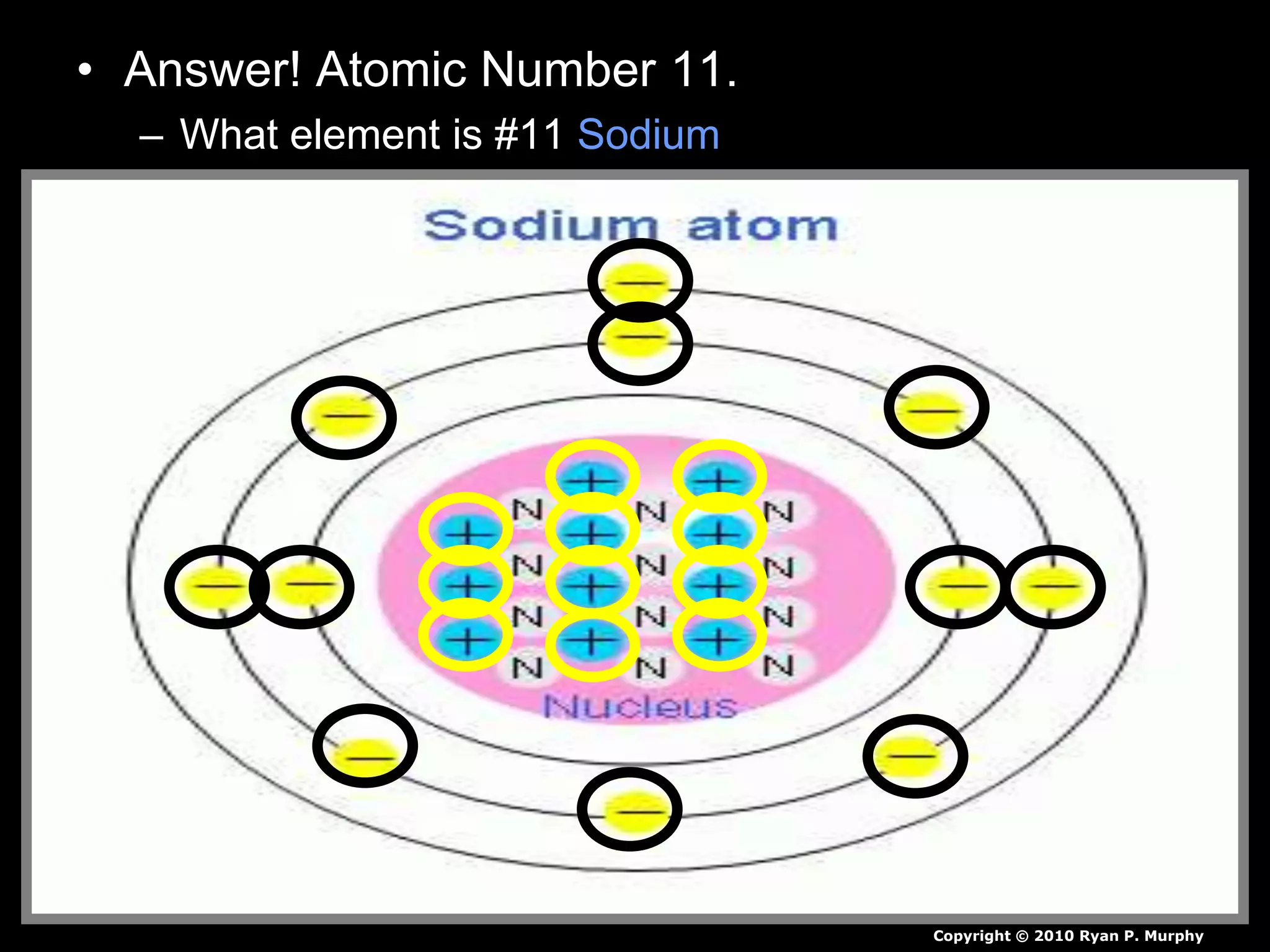 • Answer! Atomic Number 11.
– What element is #11 Sodium
Copyright © 2010 Ryan P. Murphy
 