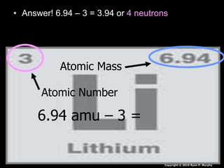 • Answer! 6.94 – 3 = 3.94 or 4 neutrons
Atomic Mass
Atomic Number
6.94 amu – 3 =
Copyright © 2010 Ryan P. Murphy
 