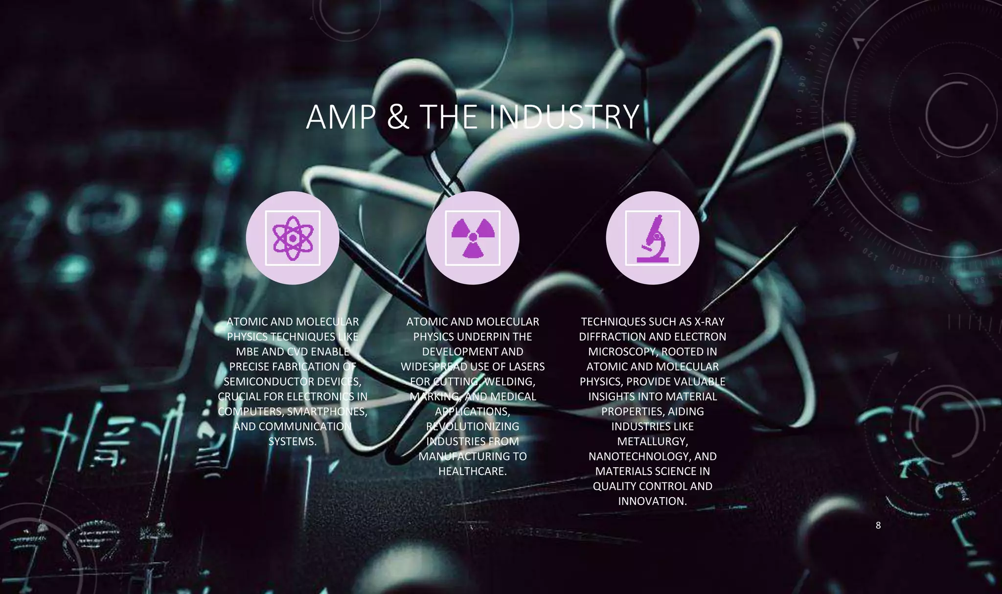 AMP & THE INDUSTRY
ATOMIC AND MOLECULAR
PHYSICS TECHNIQUES LIKE
MBE AND CVD ENABLE
PRECISE FABRICATION OF
SEMICONDUCTOR DEVICES,
CRUCIAL FOR ELECTRONICS IN
COMPUTERS, SMARTPHONES,
AND COMMUNICATION
SYSTEMS.
ATOMIC AND MOLECULAR
PHYSICS UNDERPIN THE
DEVELOPMENT AND
WIDESPREAD USE OF LASERS
FOR CUTTING, WELDING,
MARKING, AND MEDICAL
APPLICATIONS,
REVOLUTIONIZING
INDUSTRIES FROM
MANUFACTURING TO
HEALTHCARE.
TECHNIQUES SUCH AS X-RAY
DIFFRACTION AND ELECTRON
MICROSCOPY, ROOTED IN
ATOMIC AND MOLECULAR
PHYSICS, PROVIDE VALUABLE
INSIGHTS INTO MATERIAL
PROPERTIES, AIDING
INDUSTRIES LIKE
METALLURGY,
NANOTECHNOLOGY, AND
MATERIALS SCIENCE IN
QUALITY CONTROL AND
INNOVATION.
8
 