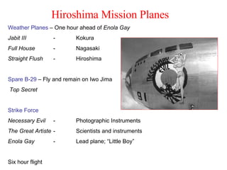 Weather Planes  – One hour ahead of  Enola Gay Jabit III -  Kokura Full House   - Nagasaki Straight Flush - Hiroshima Spare B-29  – Fly and remain on Iwo Jima Top Secret Strike Force Necessary Evil   - Photographic Instruments The Great Artiste   - Scientists and instruments Enola Gay - Lead plane; “Little Boy” Six hour flight Hiroshima Mission Planes 