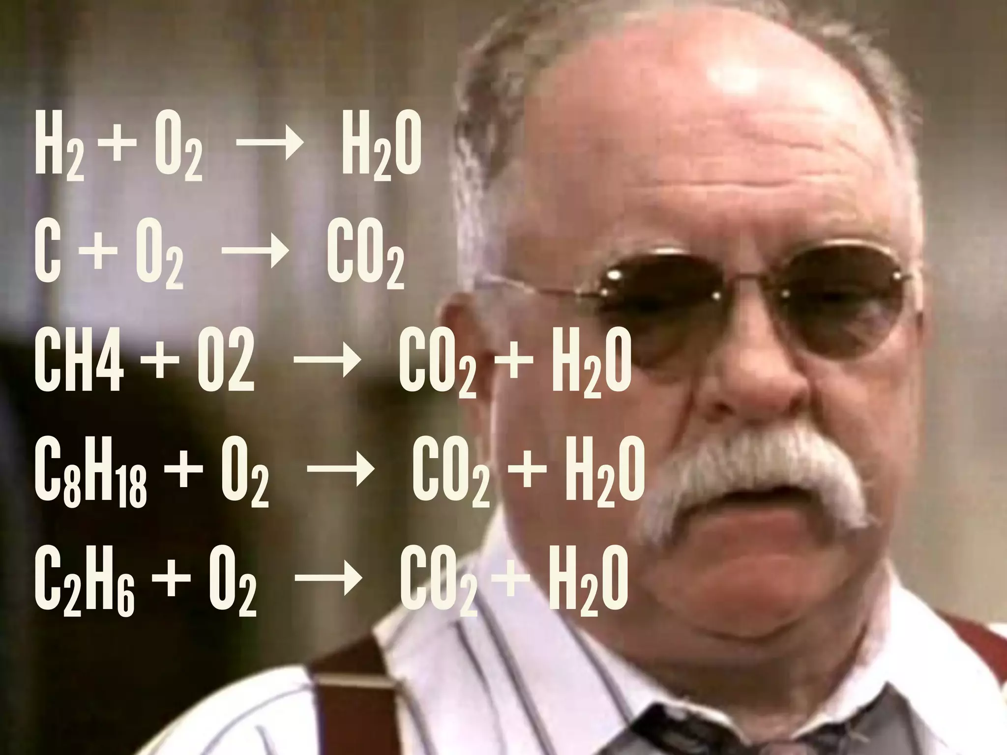 H2 + O2 &rarr; H20
C + O2 &rarr; CO2
CH4 + O2 &rarr; CO2 + H2O
C8H18 + O2 &rarr; CO2 + H20
C2H6 + O2 &rarr; CO2 + H2O
 