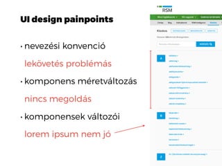 UI design painpoints
• nevezési konvenció 
lekövetés problémás
• komponens méretváltozás 
nincs megoldás
• komponensek változói 
lorem ipsum nem jó
 