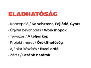 • Koncepció / Konzisztens, Fejlődő, Gyors
• Ügyfél bevonódás / Workshopok
• Tervezés / A teljes kép
• Projekt méret / Örökíthetőség
• Ajánlat készítés / Excel erdő
• Zárás / Lazább határok
ELADHATÓSÁG
 