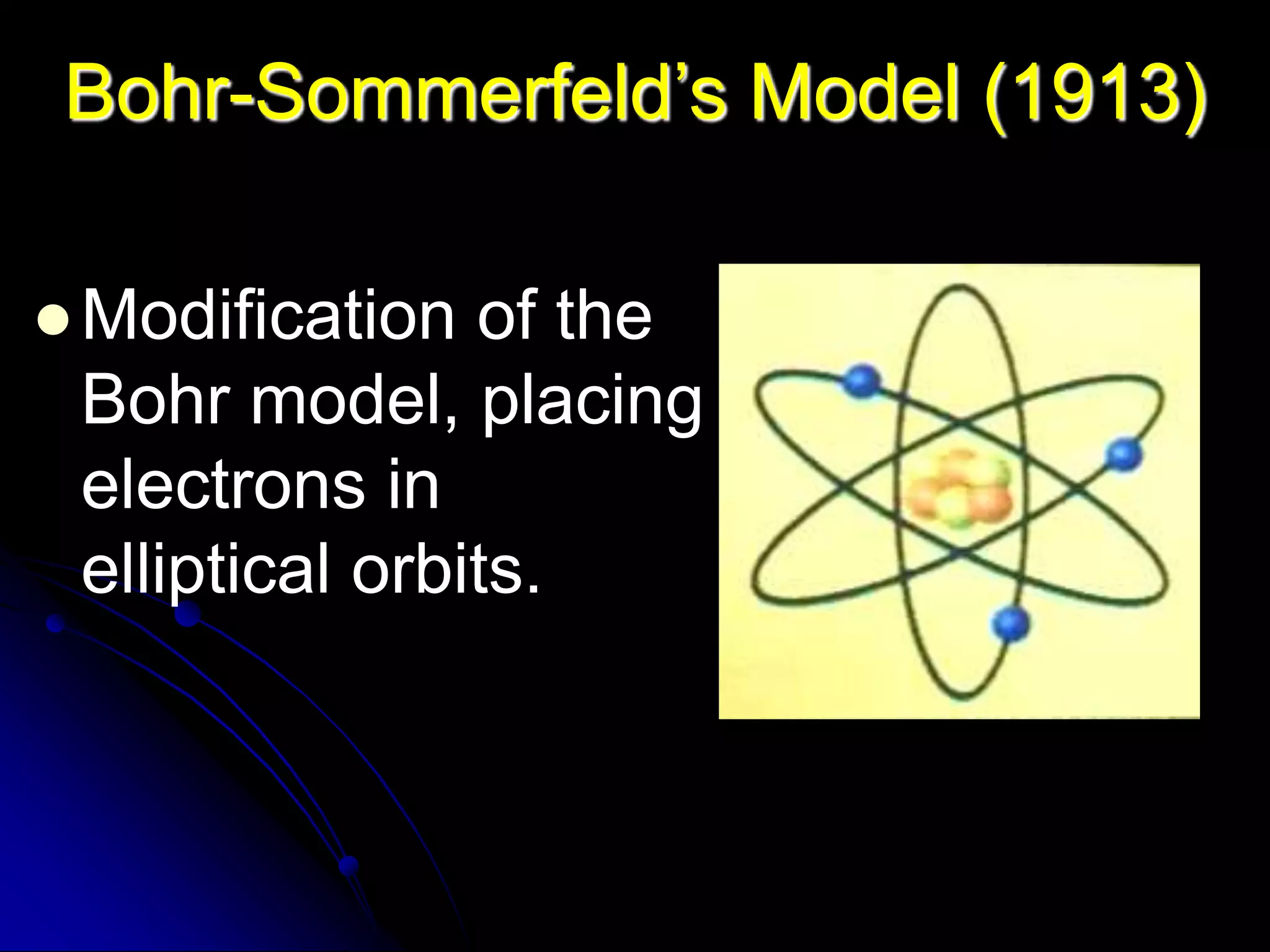 Bohr-Sommerfeld’s Model (1913)
 Modification of the
Bohr model, placing
electrons in
elliptical orbits.
 
