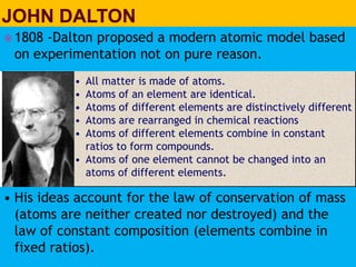  1808 -Dalton proposed a modern atomic model based
on experimentation not on pure reason.
• All matter is made of atoms.
• Atoms of an element are identical.
• Atoms of different elements are distinctively different
• Atoms are rearranged in chemical reactions
• Atoms of different elements combine in constant
ratios to form compounds.
• Atoms of one element cannot be changed into an
atoms of different elements.
• His ideas account for the law of conservation of mass
(atoms are neither created nor destroyed) and the
law of constant composition (elements combine in
fixed ratios).
 