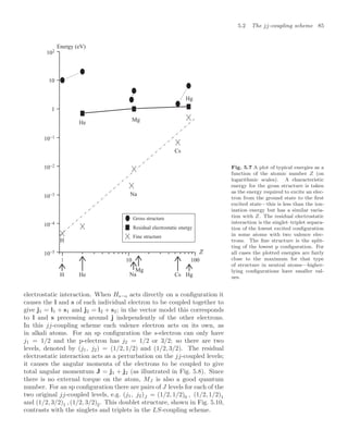 5.2 The jj-coupling scheme 85
Energy (eV)
1
Fine structure
Gross structure
Residual electrostatic energy
H
H
He
He
Na
Na
Mg
Mg
Cs
Cs
Hg
Hg
10 100
1
10
102
10−1
10−2
10−3
10−4
10−5
Fig. 5.7 A plot of typical energies as a
function of the atomic number Z (on
logarithmic scales). A characteristic
energy for the gross structure is taken
as the energy required to excite an elec-
tron from the ground state to the ﬁrst
excited state—this is less than the ion-
ization energy but has a similar varia-
tion with Z. The residual electrostatic
interaction is the singlet–triplet separa-
tion of the lowest excited conﬁguration
in some atoms with two valence elec-
trons. The ﬁne structure is the split-
ting of the lowest p conﬁguration. For
all cases the plotted energies are fairly
close to the maximum for that type
of structure in neutral atoms—higher-
lying conﬁgurations have smaller val-
ues.
electrostatic interaction. When Hs−o acts directly on a conﬁguration it
causes the l and s of each individual electron to be coupled together to
give j1 = l1 + s1 and j2 = l2 + s2; in the vector model this corresponds
to l and s precessing around j independently of the other electrons.
In this jj-coupling scheme each valence electron acts on its own, as
in alkali atoms. For an sp conﬁguration the s-electron can only have
j1 = 1/2 and the p-electron has j2 = 1/2 or 3/2; so there are two
levels, denoted by (j1, j2) = (1/2, 1/2) and (1/2, 3/2). The residual
electrostatic interaction acts as a perturbation on the jj-coupled levels;
it causes the angular momenta of the electrons to be coupled to give
total angular momentum J = j1 + j2 (as illustrated in Fig. 5.8). Since
there is no external torque on the atom, MJ is also a good quantum
number. For an sp conﬁguration there are pairs of J levels for each of the
two original jj-coupled levels, e.g. (j1, j2)J = (1/2, 1/2)0 , (1/2, 1/2)1
and (1/2, 3/2)1 , (1/2, 3/2)2. This doublet structure, shown in Fig. 5.10,
contrasts with the singlets and triplets in the LS-coupling scheme.
 