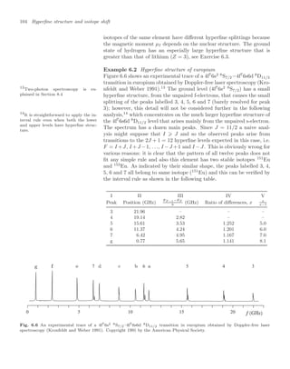 104 Hyperﬁne structure and isotope shift
isotopes of the same element have diﬀerent hyperﬁne splittings because
the magnetic moment µI depends on the nuclear structure. The ground
state of hydrogen has an especially large hyperﬁne structure that is
greater than that of lithium (Z = 3), see Exercise 6.3.
Example 6.2 Hyperﬁne structure of europium
Figure 6.6 shows an experimental trace of a 4f7
6s2 8
S7/2−4f7
6s6d 8
D11/2
transition in europium obtained by Doppler-free laser spectroscopy (Kro-
nfeldt and Weber 1991).13
The ground level (4f7
6s2 8
S7/2) has a small
13
Two-photon spectroscopy is ex-
plained in Section 8.4 hyperﬁne structure, from the unpaired f-electrons, that causes the small
splitting of the peaks labelled 3, 4, 5, 6 and 7 (barely resolved for peak
3); however, this detail will not be considered further in the following
analysis,14
which concentrates on the much larger hyperﬁne structure of
14
It is straightforward to apply the in-
terval rule even when both the lower
and upper levels have hyperﬁne struc-
ture.
the 4f7
6s6d 8
D11/2 level that arises mainly from the unpaired s-electron.
The spectrum has a dozen main peaks. Since J = 11/2 a naive anal-
ysis might suppose that I ⩾ J and so the observed peaks arise from
transitions to the 2J + 1 = 12 hyperﬁne levels expected in this case, i.e.
F = I +J, I +J −1, . . ., I −J +1 and I −J. This is obviously wrong for
various reasons: it is clear that the pattern of all twelve peaks does not
ﬁt any simple rule and also this element has two stable isotopes 151
Eu
and 153
Eu. As indicated by their similar shape, the peaks labelled 3, 4,
5, 6 and 7 all belong to same isotope (151
Eu) and this can be veriﬁed by
the interval rule as shown in the following table.
I II III IV V
Peak Position (GHz)
EF −1−EF
h
(GHz) Ratio of diﬀerences, x x
x−1
3 21.96 – – –
4 19.14 2.82 – –
5 15.61 3.53 1.252 5.0
6 11.37 4.24 1.201 6.0
7 6.42 4.95 1.167 7.0
g 0.77 5.65 1.141 8.1
0 5 10 15 20
6 3
4
5
7
Fig. 6.6 An experimental trace of a 4f76s2 8S7/2–4f76s6d 8D11/2 transition in europium obtained by Doppler-free laser
spectroscopy (Kronfeldt and Weber 1991). Copyright 1991 by the American Physical Society.
 