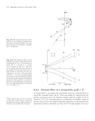 110 Hyperﬁne structure and isotope shift
Fig. 6.9 The projection of the contri-
butions to the magnetic moment from
the atomic electrons along F. The mag-
netic moment of the nucleus is negligi-
ble in comparison.
Fig. 6.10 The Zeeman eﬀect on the
hyperﬁne structure of the ground level
of hydrogen 1s 2S1/2. The interval be-
tween the F = 0 and F = 1 levels
is A, as shown in Fig. 6.3. The zero
of the energy scale has been chosen to
be midway between the levels at zero
ﬁeld, which is convenient for the cal-
culations in the text. (The two states
with MF = 0 in the low-ﬁeld regime
are mixed by the perturbation and then
move apart as the magnetic ﬂux density
increases.) The quantity x = µBB/A is
plotted on the horizontal axis and the
low- and high-ﬁeld regimes correspond
to x  1 and x 1. Low field High field
1 2
0
0
1
−1
6.3.2 Zeeman eﬀect of a strong ﬁeld, µBB  A
A strong ﬁeld is one where the interaction with the external ﬁeld, in
eqn 6.28, is greater than A I · J. This can readily be achieved for hy-
perﬁne structures since the Zeeman energy µBB in a ﬁeld of 1 T is
about 6 × 10−5
eV (corresponding to a frequency of 14 GHz), which is
greater than all but the largest hyperﬁne structures in the ground con-
ﬁgurations of heavy elements (see Fig. 6.7).26
In this regime F is not a
26
But smaller than the ﬁne structure
of the ﬁrst excited state, except for
the lightest elements. High-lying levels,
however, have smaller ﬁne structure.
 