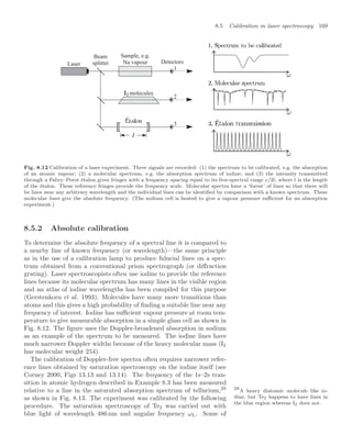 8.5 Calibration in laser spectroscopy 169
Detectors
Laser
Sample, e.g.
Na vapour
Beam
splitter
1
2
3
molecules
Fig. 8.12 Calibration of a laser experiment. Three signals are recorded: (1) the spectrum to be calibrated, e.g. the absorption
of an atomic vapour; (2) a molecular spectrum, e.g. the absorption spectrum of iodine; and (3) the intensity transmitted
through a Fabry–Perot étalon gives fringes with a frequency spacing equal to its free-spectral range c/2l, where l is the length
of the étalon. These reference fringes provide the frequency scale. Molecular spectra have a ‘forest’ of lines so that there will
be lines near any arbitrary wavelength and the individual lines can be identiﬁed by comparison with a known spectrum. These
molecular lines give the absolute frequency. (The sodium cell is heated to give a vapour pressure suﬃcient for an absorption
experiment.)
8.5.2 Absolute calibration
To determine the absolute frequency of a spectral line it is compared to
a nearby line of known frequency (or wavelength)—the same principle
as in the use of a calibration lamp to produce ﬁducial lines on a spec-
trum obtained from a conventional prism spectrograph (or diﬀraction
grating). Laser spectroscopists often use iodine to provide the reference
lines because its molecular spectrum has many lines in the visible region
and an atlas of iodine wavelengths has been compiled for this purpose
(Gerstenkorn et al. 1993). Molecules have many more transitions than
atoms and this gives a high probability of ﬁnding a suitable line near any
frequency of interest. Iodine has suﬃcient vapour pressure at room tem-
perature to give measurable absorption in a simple glass cell as shown in
Fig. 8.12. The ﬁgure uses the Doppler-broadened absorption in sodium
as an example of the spectrum to be measured. The iodine lines have
much narrower Doppler widths because of the heavy molecular mass (I2
has molecular weight 254).
The calibration of Doppler-free spectra often requires narrower refer-
ence lines obtained by saturation spectroscopy on the iodine itself (see
Corney 2000, Figs 13.13 and 13.14). The frequency of the 1s–2s tran-
sition in atomic hydrogen described in Example 8.3 has been measured
relative to a line in the saturated absorption spectrum of tellurium,29 29
A heavy diatomic molecule like io-
dine, but Te2 happens to have lines in
the blue region whereas I2 does not.
as shown in Fig. 8.13. The experiment was calibrated by the following
procedure. The saturation spectroscopy of Te2 was carried out with
blue light of wavelength 486 nm and angular frequency ωL. Some of
 