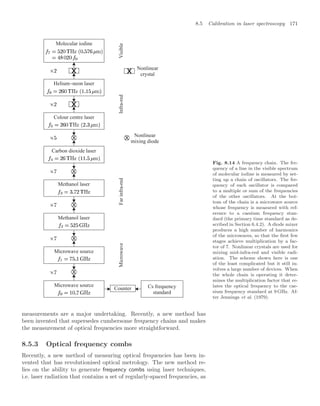 8.5 Calibration in laser spectroscopy 171
Molecular iodine
Carbon dioxide laser
Methanol laser
Helium−neon laser
Colour centre laser
X
X
X X
X
Microwave source
Microwave source Cs frequency
standard
Counter
X
X
X
X
Methanol laser
Visible
Infra-red
Far
infra-red
Microwave
Nonlinear
mixing diode
Nonlinear
crystal
Fig. 8.14 A frequency chain. The fre-
quency of a line in the visible spectrum
of molecular iodine is measured by set-
ting up a chain of oscillators. The fre-
quency of each oscillator is compared
to a multiple or sum of the frequencies
of the other oscillators. At the bot-
tom of the chain is a microwave source
whose frequency is measured with ref-
erence to a caesium frequency stan-
dard (the primary time standard as de-
scribed in Section 6.4.2). A diode mixer
produces a high number of harmonics
of the microwaves, so that the ﬁrst few
stages achieve multiplication by a fac-
tor of 7. Nonlinear crystals are used for
mixing mid-infra-red and visible radi-
ation. The scheme shown here is one
of the least complicated but it still in-
volves a large number of devices. When
the whole chain is operating it deter-
mines the multiplication factor that re-
lates the optical frequency to the cae-
sium frequency standard at 9 GHz. Af-
ter Jennings et al. (1979).
measurements are a major undertaking. Recently, a new method has
been invented that supersedes cumbersome frequency chains and makes
the measurement of optical frequencies more straightforward.
8.5.3 Optical frequency combs
Recently, a new method of measuring optical frequencies has been in-
vented that has revolutionised optical metrology. The new method re-
lies on the ability to generate frequency combs using laser techniques,
i.e. laser radiation that contains a set of regularly-spaced frequencies, as
 