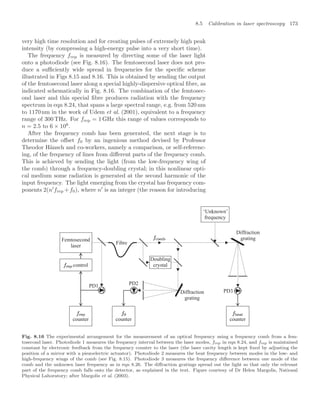 8.5 Calibration in laser spectroscopy 173
very high time resolution and for creating pulses of extremely high peak
intensity (by compressing a high-energy pulse into a very short time).
The frequency frep is measured by directing some of the laser light
onto a photodiode (see Fig. 8.16). The femtosecond laser does not pro-
duce a suﬃciently wide spread in frequencies for the speciﬁc scheme
illustrated in Figs 8.15 and 8.16. This is obtained by sending the output
of the femtosecond laser along a special highly-dispersive optical ﬁbre, as
indicated schematically in Fig. 8.16. The combination of the femtosec-
ond laser and this special ﬁbre produces radiation with the frequency
spectrum in eqn 8.24, that spans a large spectral range, e.g. from 520 nm
to 1170nm in the work of Udem et al. (2001), equivalent to a frequency
range of 300 THz. For frep = 1 GHz this range of values corresponds to
n = 2.5 to 6 × 106
.
After the frequency comb has been generated, the next stage is to
determine the oﬀset f0 by an ingenious method devised by Professor
Theodor Hänsch and co-workers, namely a comparison, or self-referenc-
ing, of the frequency of lines from diﬀerent parts of the frequency comb.
This is achieved by sending the light (from the low-frequency wing of
the comb) through a frequency-doubling crystal; in this nonlinear opti-
cal medium some radiation is generated at the second harmonic of the
input frequency. The light emerging from the crystal has frequency com-
ponents 2(n
frep +f0), where n
is an integer (the reason for introducing
PD2
PD1
PD3
‘Unknown’
frequency
Diffraction
grating
Diffraction
grating
Doubling
crystal
Femtosecond
laser
Fibre
counter
counter
counter
control
Fig. 8.16 The experimental arrangement for the measurement of an optical frequency using a frequency comb from a fem-
tosecond laser. Photodiode 1 measures the frequency interval between the laser modes, frep in eqn 8.24, and frep is maintained
constant by electronic feedback from the frequency counter to the laser (the laser cavity length is kept ﬁxed by adjusting the
position of a mirror with a piezoelectric actuator). Photodiode 2 measures the beat frequency between modes in the low- and
high-frequency wings of the comb (see Fig. 8.15). Photodiode 3 measures the frequency diﬀerence between one mode of the
comb and the unknown laser frequency as in eqn 8.26. The diﬀraction gratings spread out the light so that only the relevant
part of the frequency comb falls onto the detector, as explained in the text. Figure courtesy of Dr Helen Margolis, National
Physical Laboratory; after Margolis et al. (2003).
 