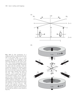192 Laser cooling and trapping
Fig. 9.9 (a) The mechanism of a
magneto-optical trap illustrated for the
case of an atom with a J = 0 to
J = 1 transition. In the magnetic ﬁeld
gradient the Zeeman splitting of the
sub-levels depends on the atom’s posi-
tion. Two counter-propagating beams
of circularly-polarized light illuminate
the atom and the selection rules for
transitions between the Zeeman states
lead to an imbalance in the radiative
force from the laser beams that pushes
the atom back towards the centre of
the trap. (Not to scale; the Zeeman
energy is much smaller than the opti-
cal transition energy.) (b) A magneto-
optical trap is formed from three or-
thogonal pairs of laser beams, as in the
optical molasses technique, that have
the requisite circular polarization states
and intersect at the centre of a pair
of coils with opposite currents. The
small arrows indicate the direction of
the quadrupole magnetic ﬁeld produced
by the coils (as shown in more detail in
Fig 9.8).
(a)
(b)
Coils
Coils
 
