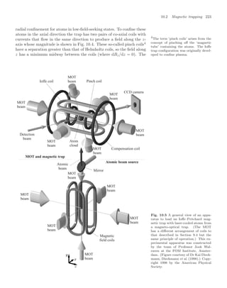 10.2 Magnetic trapping 223
radial conﬁnement for atoms in low-ﬁeld-seeking states. To conﬁne these
atoms in the axial direction the trap has two pairs of co-axial coils with
currents that ﬂow in the same direction to produce a ﬁeld along the z-
axis whose magnitude is shown in Fig. 10.4. These so-called pinch coils4
4
The term ‘pinch coils’ arises from the
concept of pinching oﬀ the ‘magnetic
tube’ containing the atoms. The Ioﬀe
trap conﬁguration was originally devel-
oped to conﬁne plasma.
have a separation greater than that of Helmholtz coils, so the ﬁeld along
z has a minimum midway between the coils (where dBz/dz = 0). The
Pinch coil
Ioffe coil
Detection
beam
Atom
cloud
Atomic
beam
Mirror
Compensation coil
CCD camera
MOT
beam
MOT
beam
MOT
beam
MOT
beam
MOT
beam
MOT
beam
MOT
beam
Magnetic
field coils
MOT
beam
MOT
beam
MOT
beam
MOT
beam
MOT
beam
Atomic beam source
MOT and magnetic trap
Fig. 10.5 A general view of an appa-
ratus to load an Ioﬀe–Pritchard mag-
netic trap with laser-cooled atoms from
a magneto-optical trap. (The MOT
has a diﬀerent arrangement of coils to
that described in Section 9.4 but the
same principle of operation.) This ex-
perimental apparatus was constructed
by the team of Professor Jook Wal-
raven at the FOM Institute, Amster-
dam. (Figure courtesy of Dr Kai Dieck-
mann, Dieckmann et al. (1998).) Copy-
right 1998 by the American Physical
Society.
 