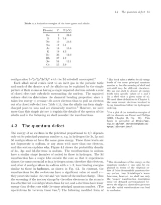 4.2 The quantum defect 61
Table 4.1 Ionization energies of the inert gases and alkalis.
Element Z IE (eV)
He 2 24.6
Li 3 5.4
Ne 10 21.6
Na 11 5.1
Ar 18 15.8
K 19 4.3
Kr 36 14.0
Rb 37 4.2
Xe 54 12.1
Cs 55 3.9
conﬁguration 1s2
2s2
2p6
3s2
3p6
with the 3d sub-shell unoccupied.4 4
This book takes a shell to be all energy
levels of the same principal quantum
number n, but the meaning of shell and
sub-shell may be diﬀerent elsewhere.
We use sub-shell to denote all energy
levels with speciﬁc values of n and l
(in a shell with a given value of n).
We used these deﬁnitions in Chapter 1;
the inner atomic electrons involved in
X-ray transitions follow the hydrogenic
ordering.
Each alkali metal comes next to an inert gas in the periodic table
and much of the chemistry of the alkalis can be explained by the simple
picture of their atoms as having a single unpaired electron outside a core
of closed electronic sub-shells surrounding the nucleus. The unpaired
valence electron determines the chemical bonding properties; since it
takes less energy to remove this outer electron than to pull an electron
out of a closed sub-shell (see Table 4.1), thus the alkalis can form singly-
charged positive ions and are chemically reactive.5
However, we need
5
For a plot of the ionization energies of
all the elements see Grant and Phillips
(2001, Chapter 11, Fig. 18). This
ﬁgure is accessible at http://www.
oup.co.uk/best.textbooks/physics/
ephys/illustrations/.
more than this simple picture to explain the details of the spectra of the
alkalis and in the following we shall consider the wavefunctions.
4.2 The quantum defect
The energy of an electron in the potential proportional to 1/r depends
only on its principal quantum number n, e.g. in hydrogen the 3s, 3p and
3d conﬁgurations all have the same gross energy. These three levels are
not degenerate in sodium, or any atom with more than one electron,
and this section explains why. Figure 4.1 shows the probability density
of 3s-, 3p- and 3d-electrons in sodium. The wavefunctions in sodium
have a similar shape (number of nodes) to those in hydrogen. The 3d
wavefunction has a single lobe outside the core so that it experiences
almost the same potential as in a hydrogen atom; therefore this electron,
and other d conﬁgurations in sodium with n  3, have binding energies
similar to those in hydrogen, as shown in Fig. 4.2. In contrast, the
wavefunctions for the s-electrons have a signiﬁcant value at small r—
they penetrate inside the core and ‘see’ more of the nuclear charge. Thus
the screening of the nuclear charge by the other electrons in the atom is
less eﬀective for ns conﬁgurations than for nd, and s-electrons have lower
energy than d-electrons with the same principal quantum number. (The
np-electrons lie between these two.6
) The following modiﬁed form of
6
This dependence of the energy on the
quantum number l can also be ex-
plained in terms of the elliptical or-
bits of Bohr–Sommerfeld quantum the-
ory rather than Schrödinger’s wave-
functions; however, we shall use only
the ‘proper’ wavefunction description
since the detailed correspondence be-
tween the elliptical classical trajectories
and the radial wavefunctions can lead
to confusion.
 