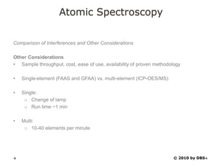 Atomic Spectroscopy
Comparison of Interferences and Other Considerations
Other Considerations
• Sample throughput, cost, ease of use, availability of proven methodology
• Single-element (FAAS and GFAA) vs. multi-element (ICP-OES/MS)
• Single:
o Change of lamp
o Run time ~1 min
• Multi:
o 10-40 elements per minute
© 2010 by DBS
 