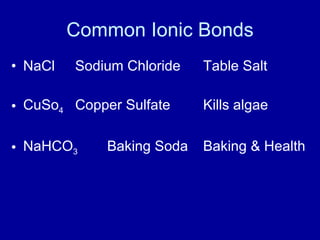 Common Ionic Bonds
• NaCl Sodium Chloride Table Salt
• CuSo4 Copper Sulfate Kills algae
• NaHCO3 Baking Soda Baking & Health
 