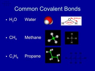 Common Covalent Bonds
• H2O Water
• CH4 Methane
• C3H8 Propane
 