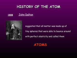 HISTORY OF THE ATOM 1808 John Dalton suggested that all matter was made up of tiny spheres that were able to bounce around with perfect elasticity and called them ATOMS   