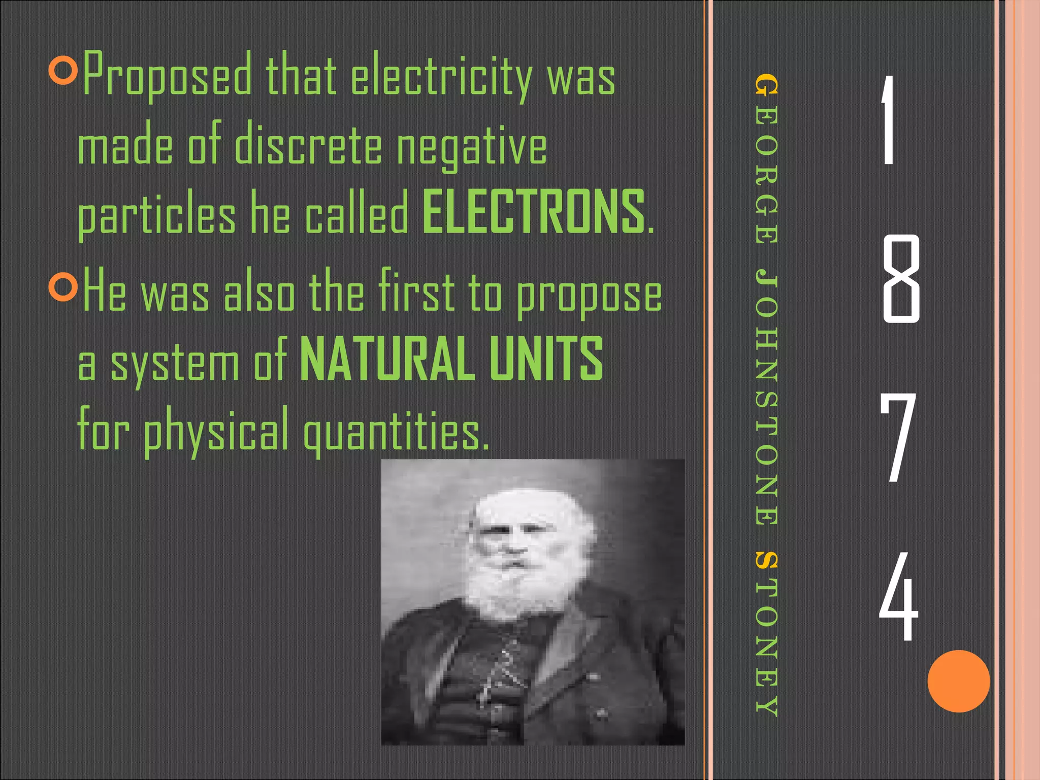 G   E O R G E  J  O H N S T O N E  S   T O N E Y 1 8 7 4 Proposed that electricity was made of discrete negative particles he called  ELECTRONS . He was also the first to propose a system of  NATURAL UNITS  for physical quantities. 