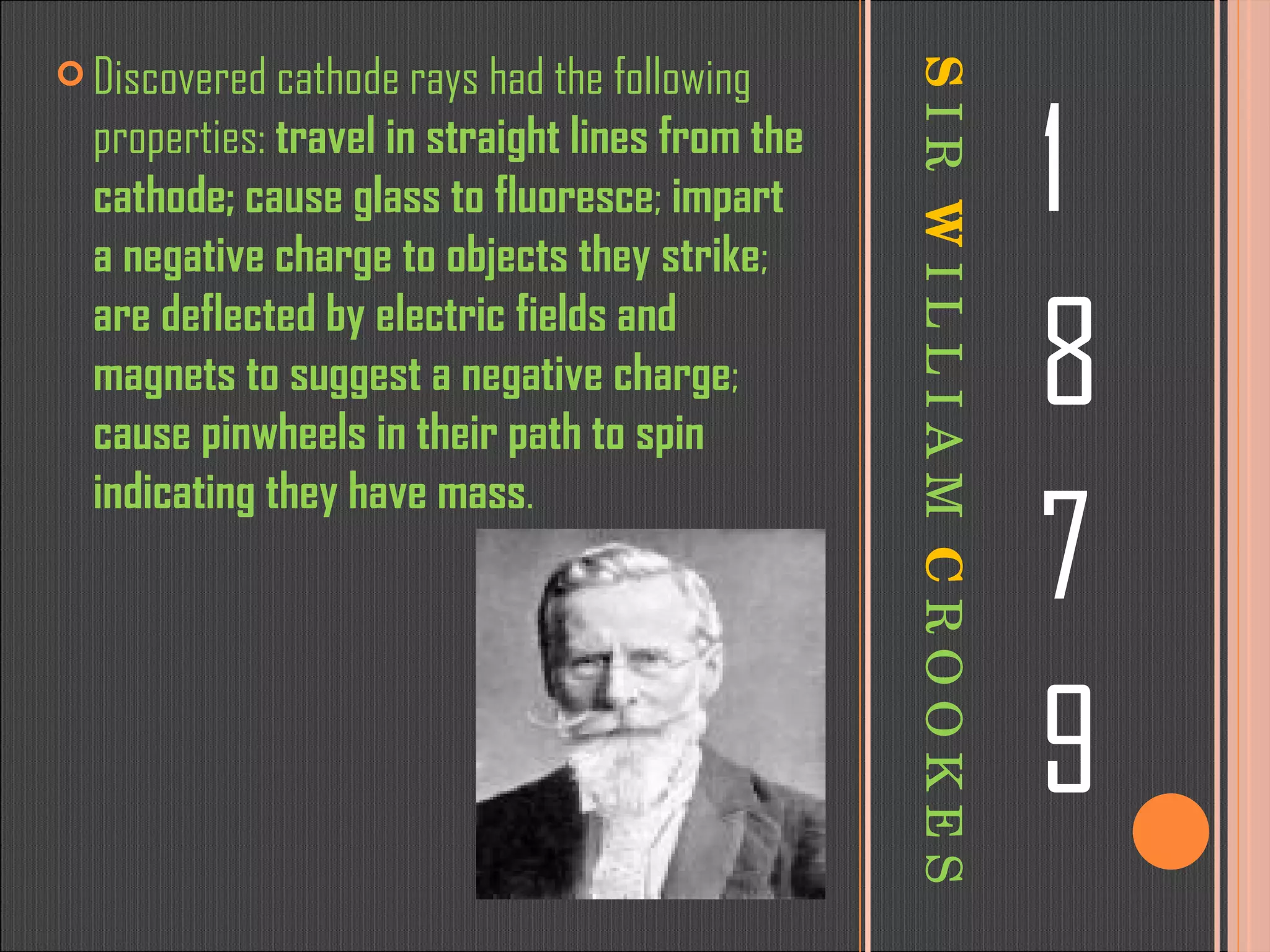 S   I R  W   I L L I A M  C   R O O K E S 1 8 7 9 Discovered cathode rays had the following properties:  travel in straight lines from the cathode;   cause glass to fluoresce ;  impart a negative charge to objects they strike ;  are deflected by electric fields and magnets to suggest a negative charge ;  cause pinwheels in their path to spin indicating they have mass .  