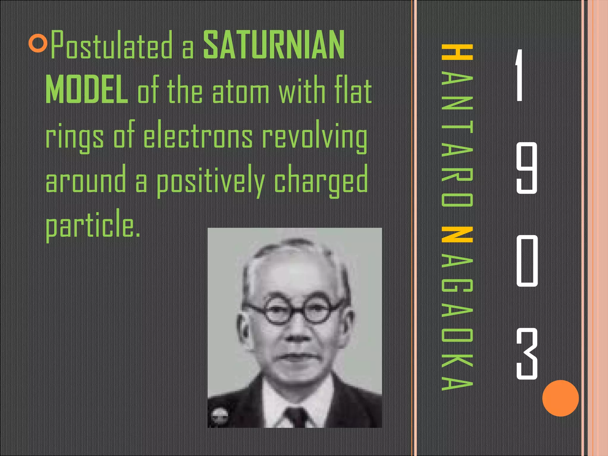 H   A N T A R O  N  A G A O K A 1 9 0 3 Postulated a  SATURNIAN MODEL  of the atom with flat rings of electrons revolving around a positively charged particle. 