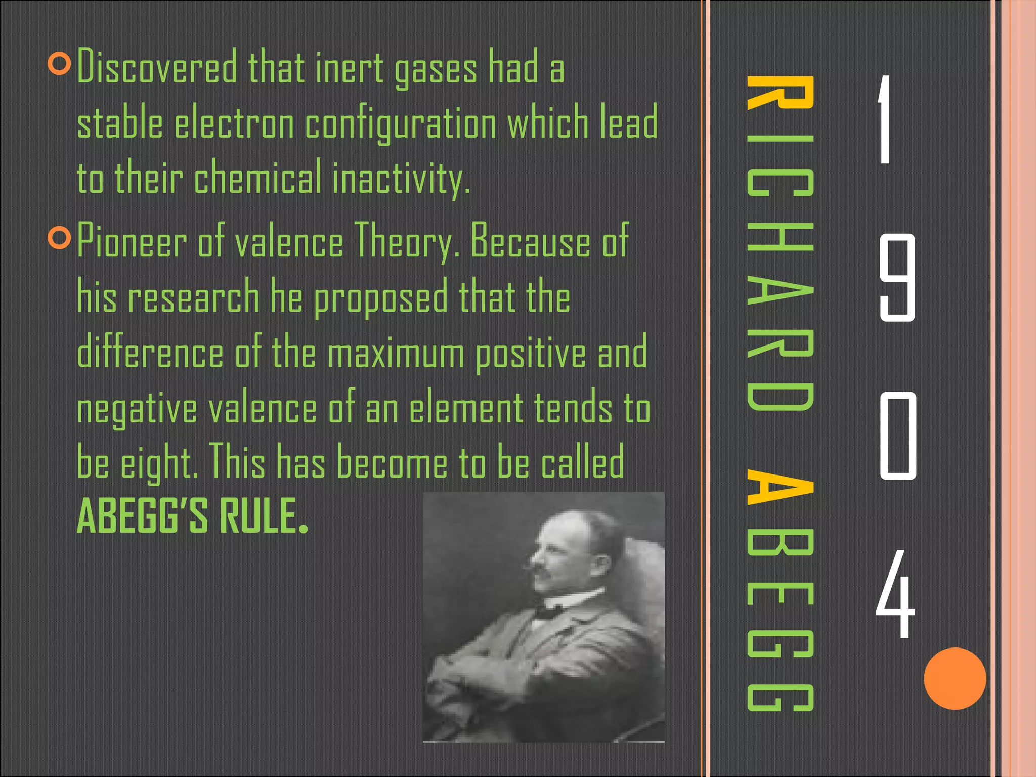 R   I C H A R D  A  B E G G 1 9 0 4 Discovered that inert gases had a stable electron configuration which lead to their chemical inactivity. Pioneer of valence Theory. Because of his research he proposed that the difference of the maximum positive and negative valence of an element tends to be eight. This has become to be called  ABEGG’S RULE . 