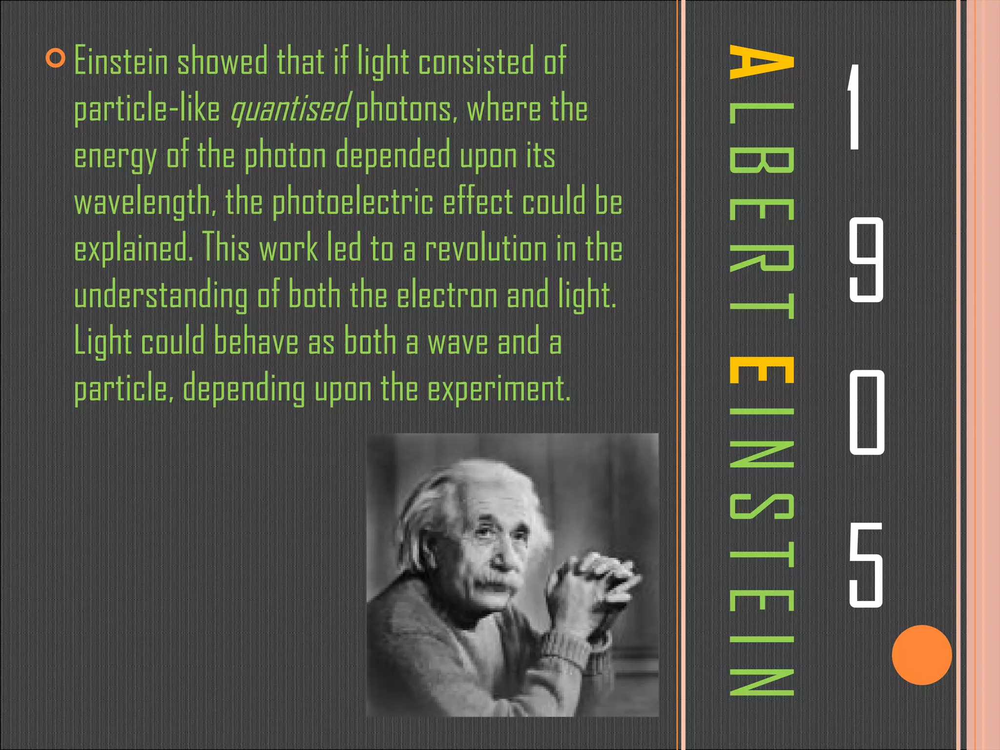A   L B E R T  E   I N S T E I N 1 9 0 5 Einstein showed that if light consisted of particle-like  quantised  photons, where the energy of the photon depended upon its wavelength, the photoelectric effect could be explained. This work led to a revolution in the understanding of both the electron and light. Light could behave as both a wave and a particle, depending upon the experiment.  