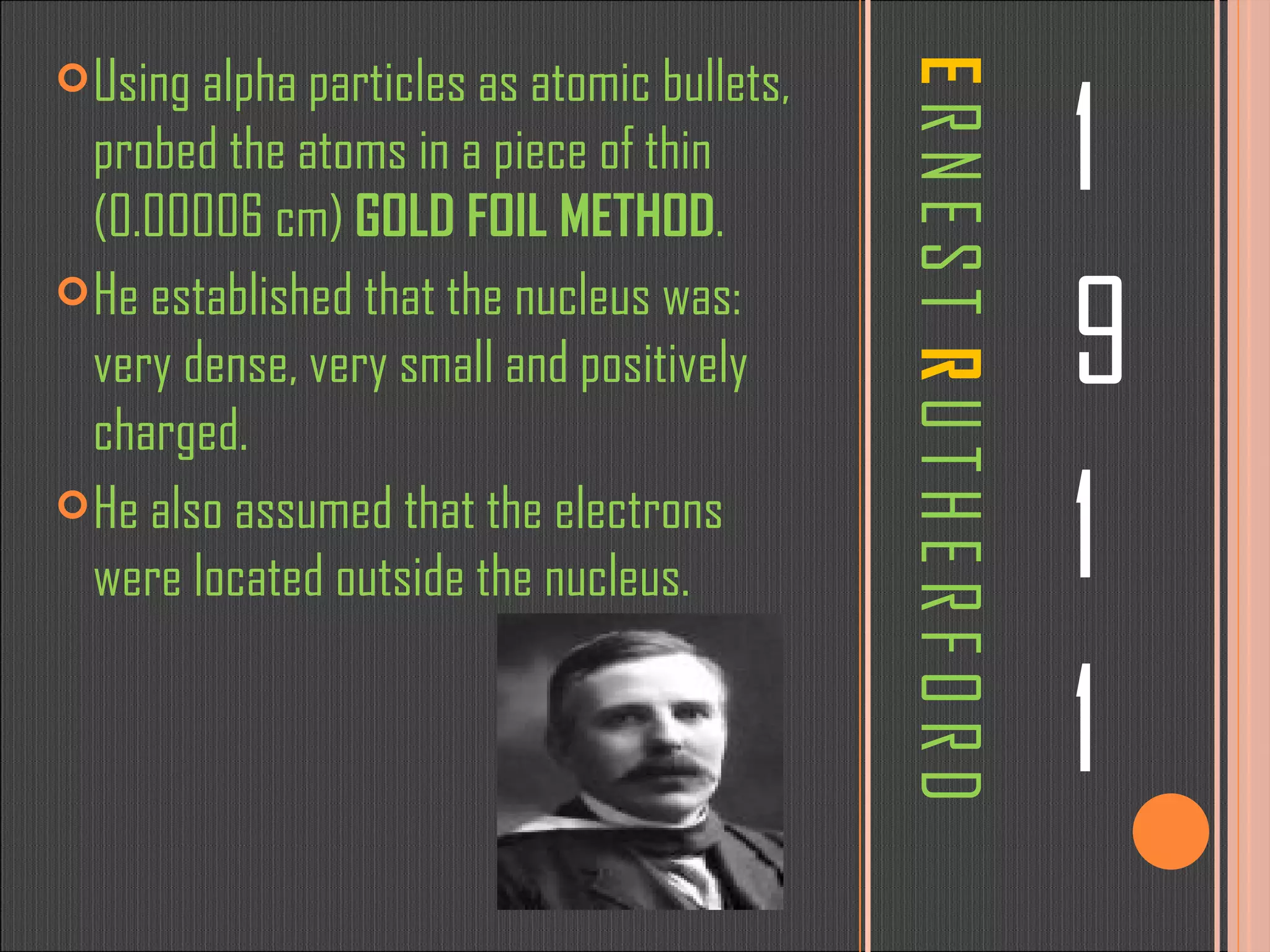 E   R N E S T  R   U T H E R F O R D 1 9 1 1 Using alpha particles as atomic bullets, probed the atoms in a piece of thin (0.00006 cm)  GOLD FOIL METHOD . He established that the nucleus was: very dense, very small and positively charged.  He also assumed that the electrons were located outside the nucleus.  