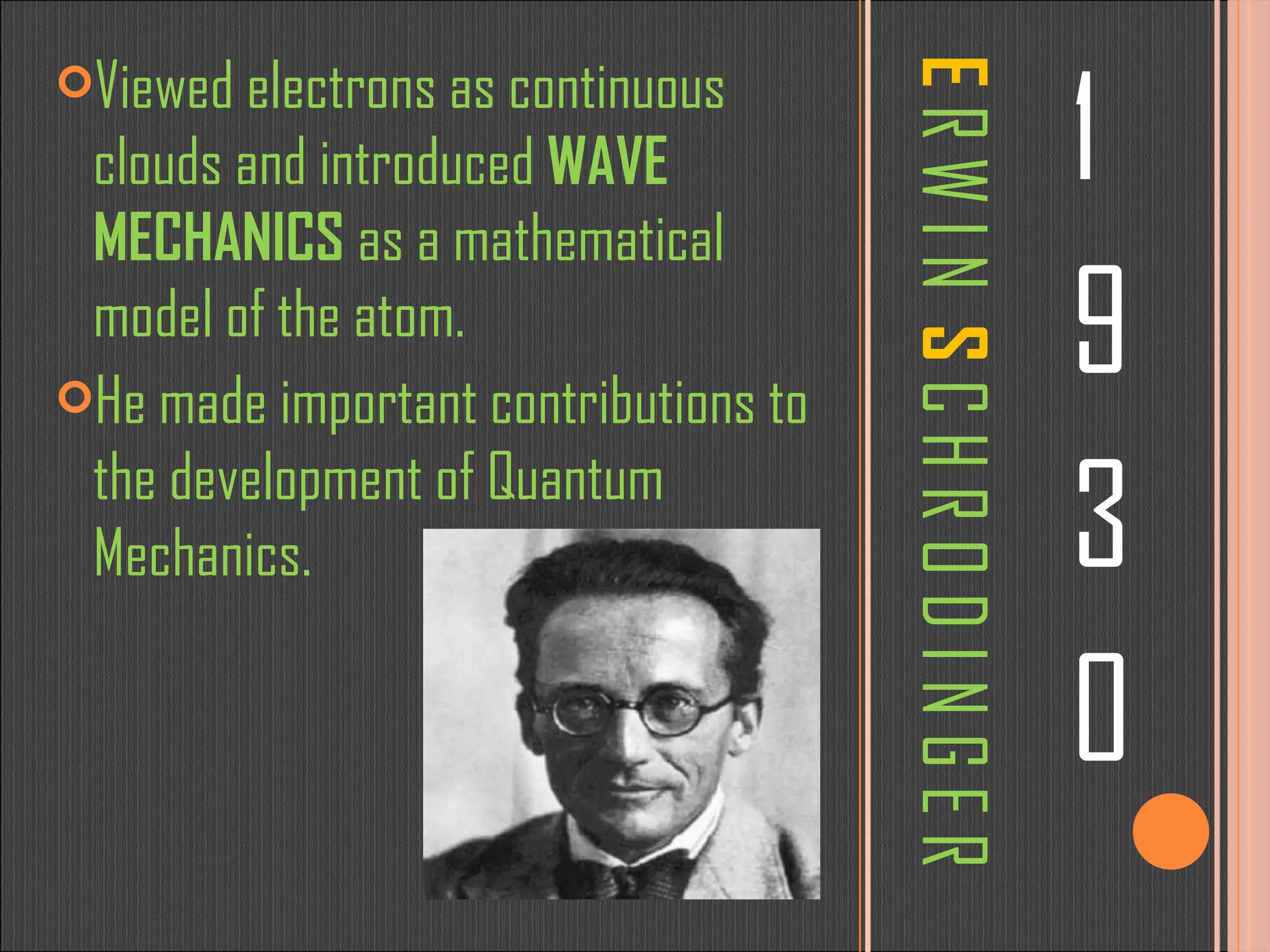 E  R W I N  S  C H R O D I N G E R 1 9 3 0 Viewed electrons as continuous clouds and introduced  WAVE MECHANICS  as a mathematical model of the atom.   He made important contributions to the development of Quantum Mechanics. 