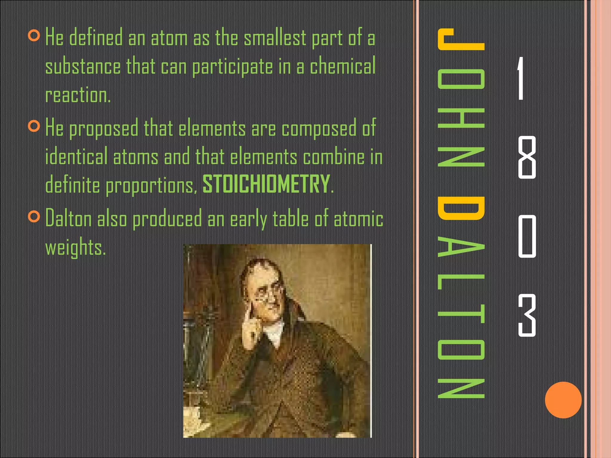 J  O H N  D  A L T O N 1 8 0 3 He defined an atom as the smallest part of a substance that can participate in a chemical reaction. He proposed that elements are composed of identical atoms and that elements combine in definite proportions,  STOICHIOMETRY . Dalton also produced an early table of atomic weights. 