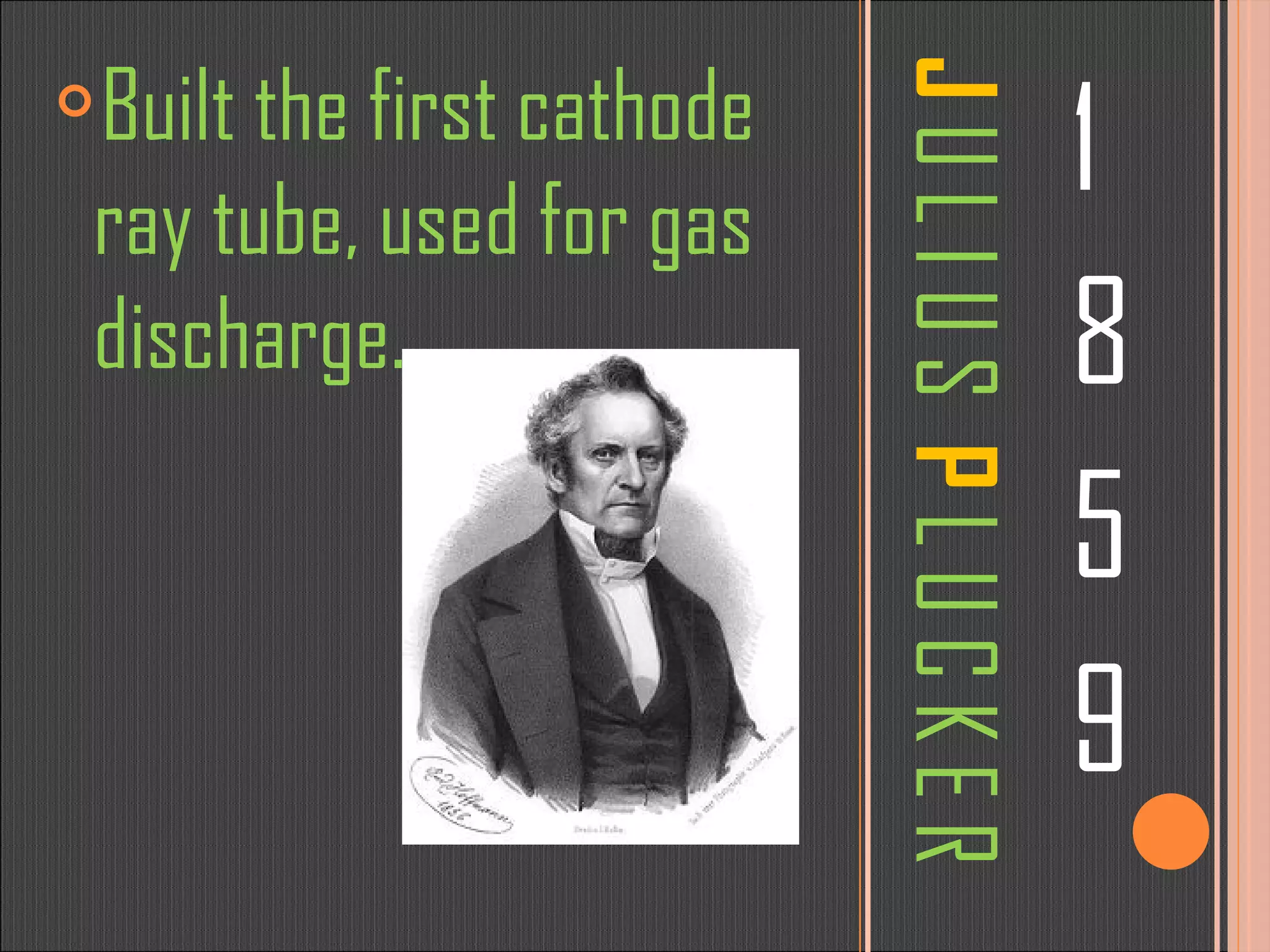 J   U L I U S   P   L U C K E R 1 8 5 9   Built the first cathode ray tube, used for gas discharge.. 