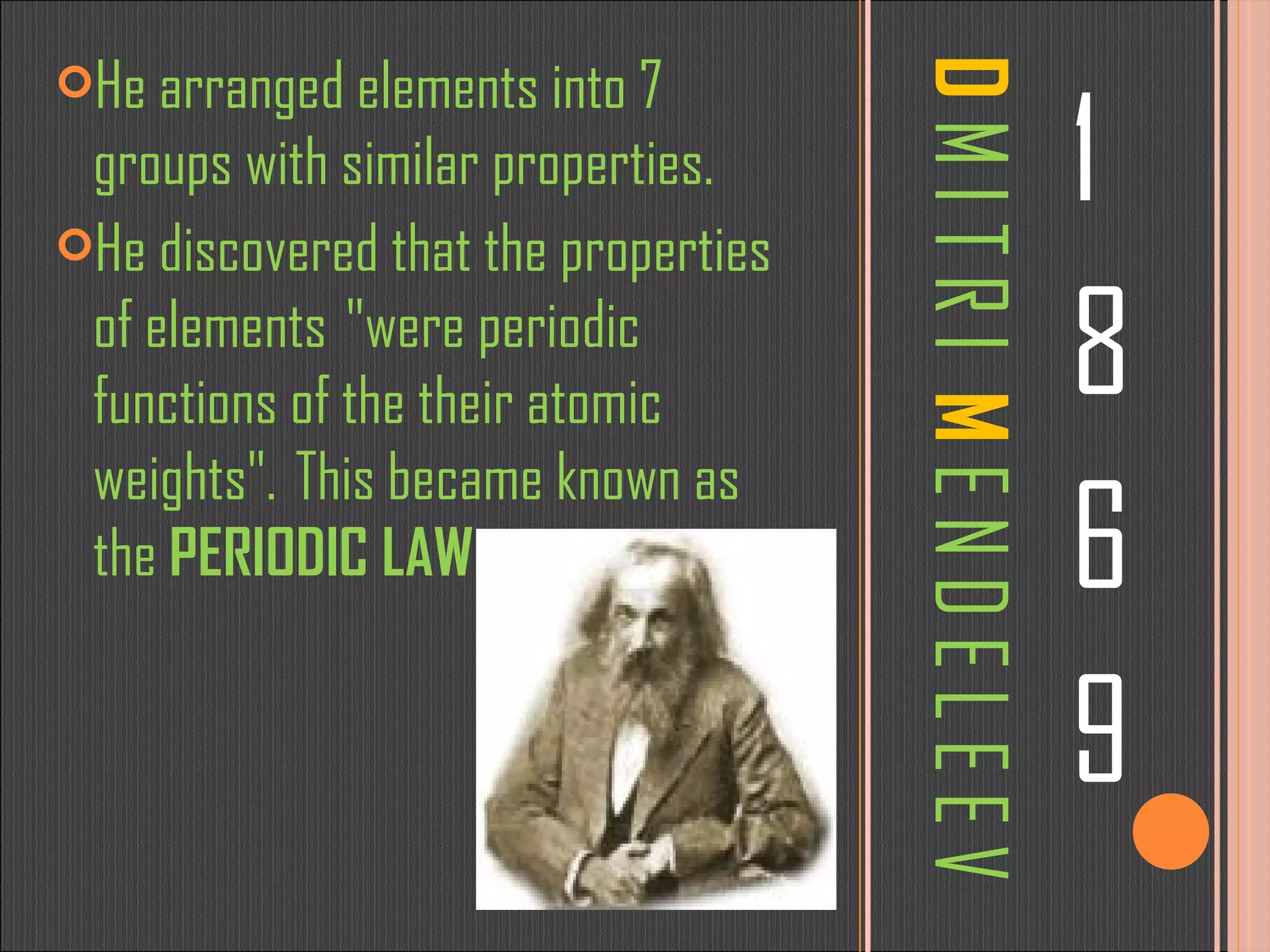 D   M I T R I  M   E N D E L E E V 1 8 6 9 He arranged elements into 7 groups with similar properties. He discovered that the properties of elements  &quot;were periodic functions of the their atomic weights&quot;.  This became known as the  PERIODIC LAW . 