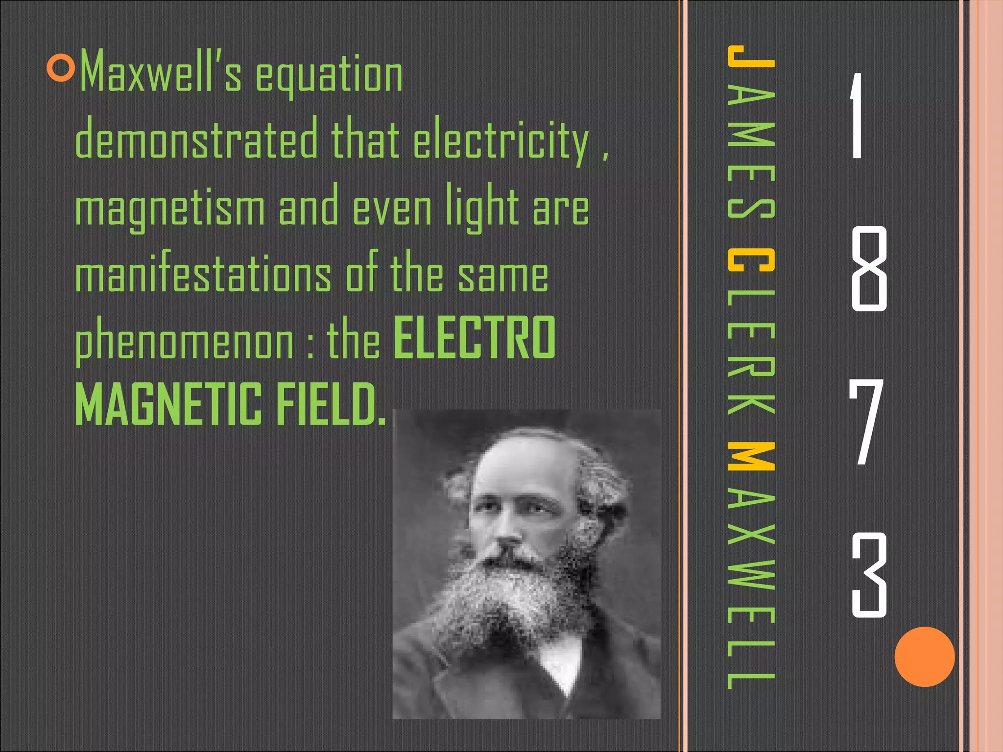 J  A M E S  C   L E R K  M   A X W E L L 1 8 7 3 Maxwell’s equation demonstrated that electricity , magnetism and even light are manifestations of the same phenomenon : the  ELECTRO MAGNETIC FIELD. 