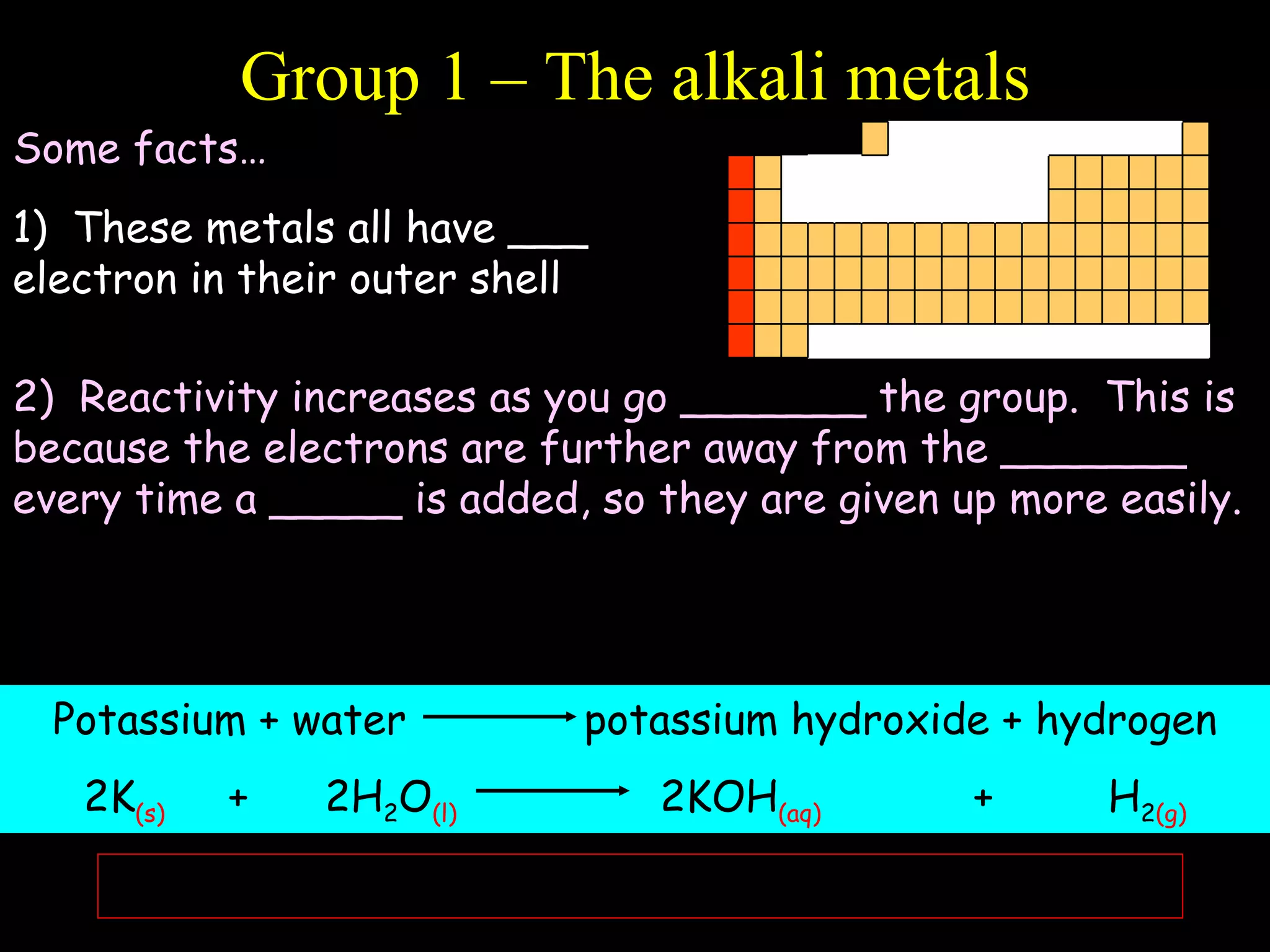 Group 1 – The alkali metals 1)  These metals all have ___ electron in their outer shell Some facts… 2)  Reactivity increases as you go _______ the group.  This is because the electrons are further away from the _______ every time a _____ is added, so they are given up more easily. 3)  They all react with water to form an alkali (hence their name) and __________, e.g: Words  – down, one, shell, hydrogen, nucleus Potassium + water  potassium hydroxide + hydrogen 2K (s)   +  2H 2 O (l)   2KOH (aq)   +  H 2 (g) 