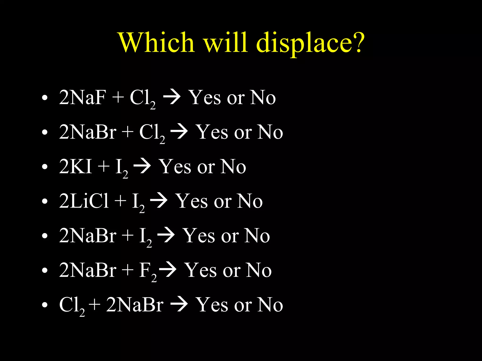 Which will displace? 2NaF + Cl 2     Yes or No 2NaBr + Cl 2    Yes or No 2KI + I 2    Yes or No 2LiCl + I 2    Yes or No 2NaBr + I 2    Yes or No 2NaBr + F 2   Yes or No Cl 2  + 2NaBr    Yes or No 