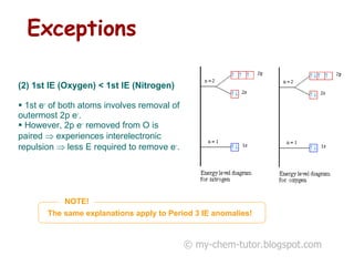 Exceptions © my-chem-tutor.blogspot.com (2) 1st IE (Oxygen) < 1st IE (Nitrogen) 1st e -  of both atoms involves removal of outermost 2p e - . However, 2p e -  removed from O is paired      experiences interelectronic repulsion    less E required to remove e - . The same explanations apply to Period 3 IE anomalies! NOTE! 